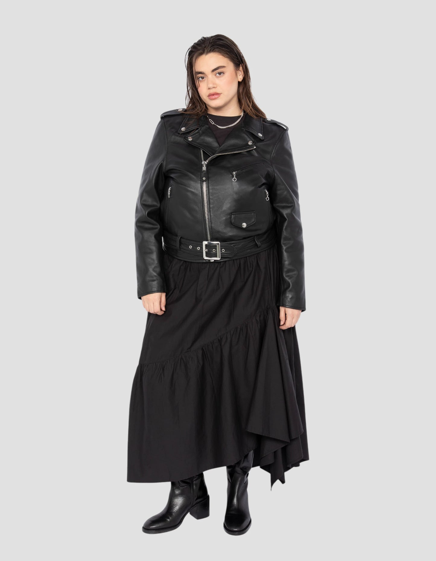 Black Perfecto® Jacke mit Gürtel, Lammleder, großer Größe