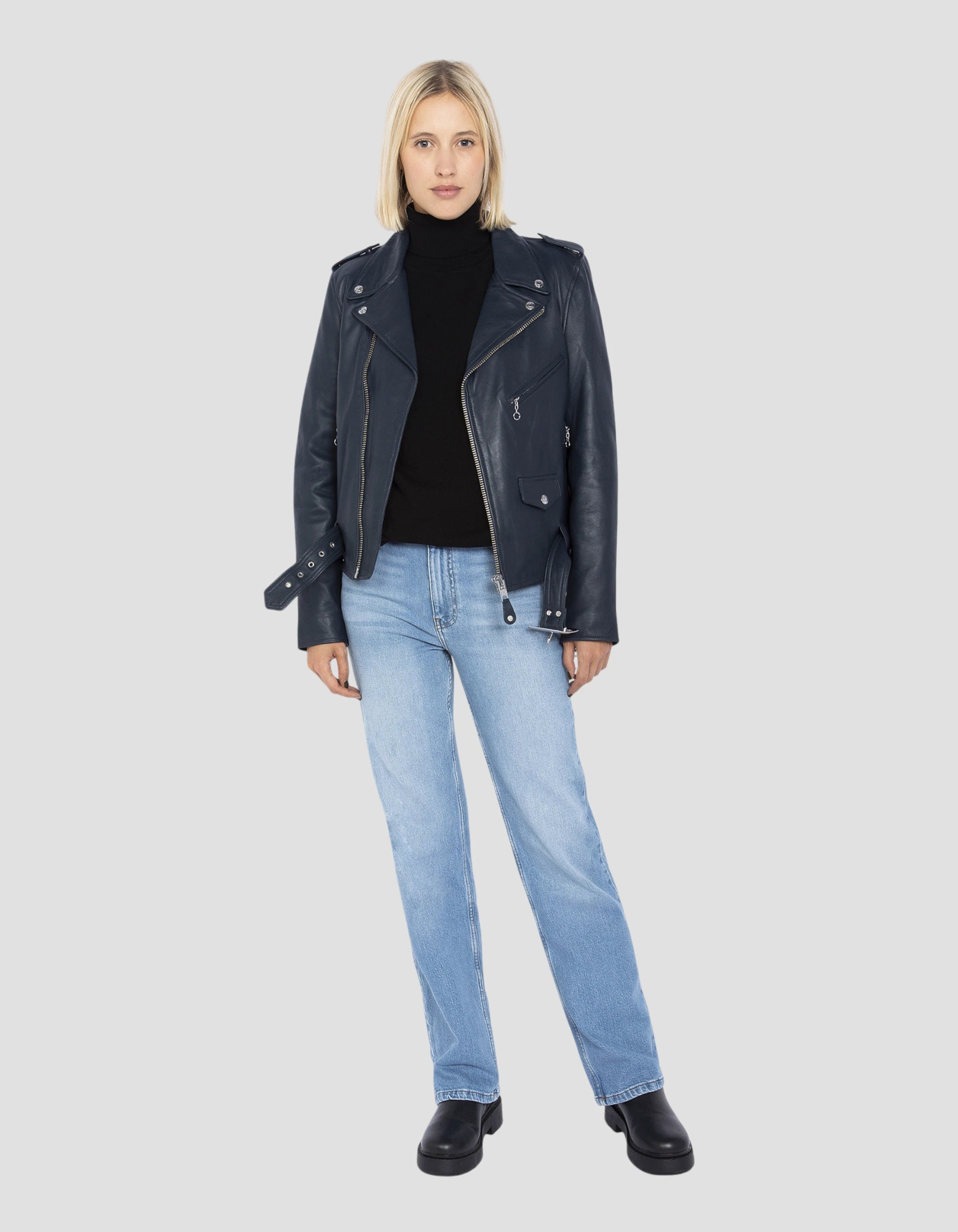 Perfecto® Indigo Jacke mit Gürtel, Lammleder-1