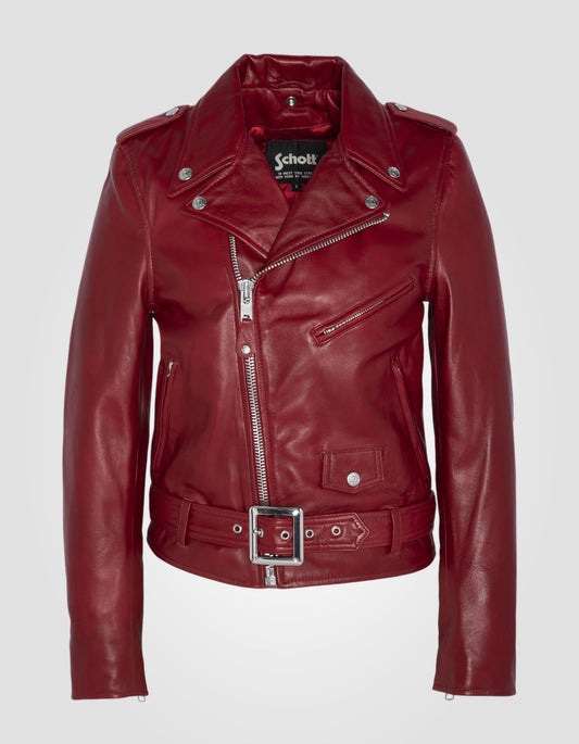 Blouson Perfecto® rouge avec ceinture, cuir d'agneau, grande taille