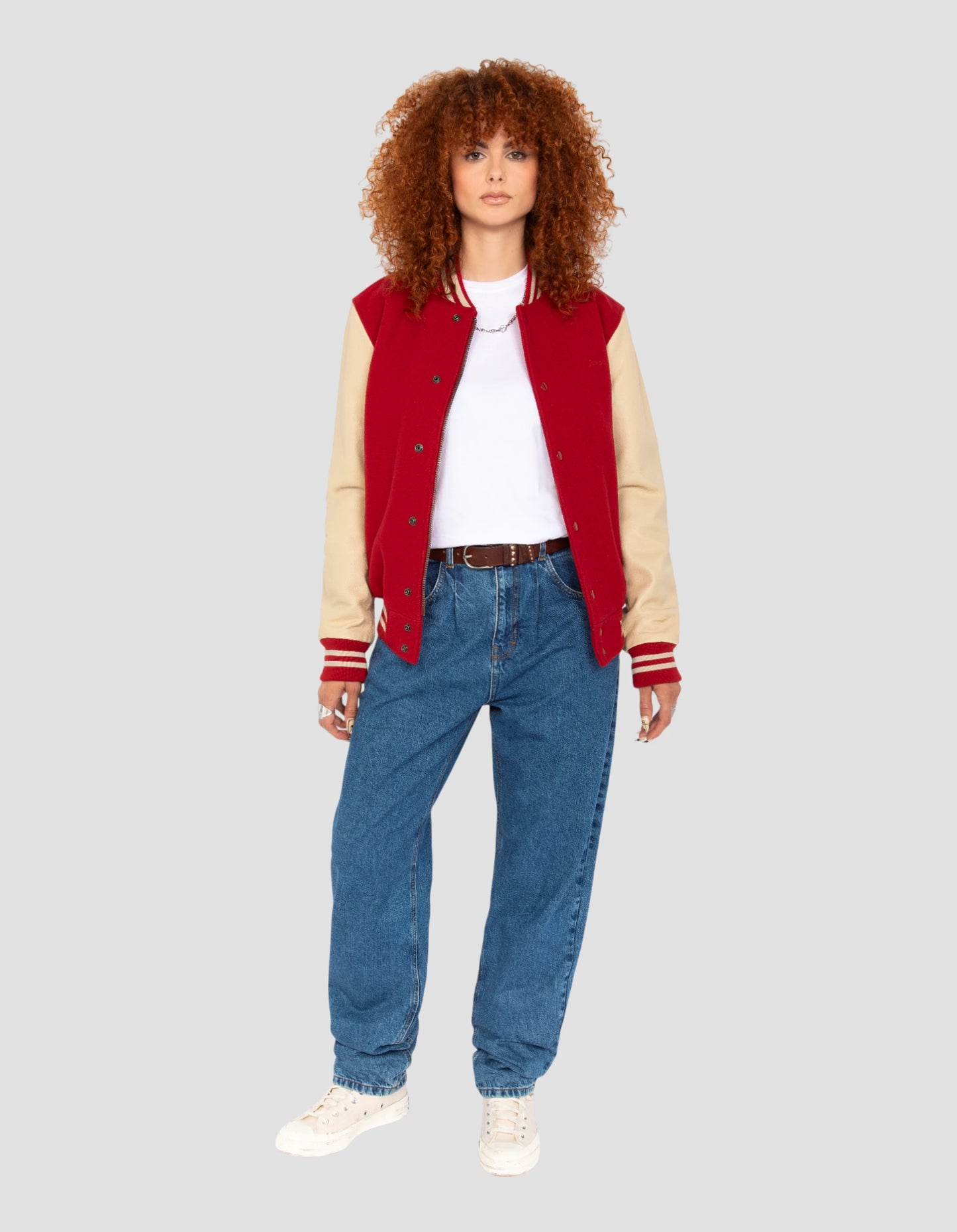 Blouson teddy rouge et beige, cuir de vachette