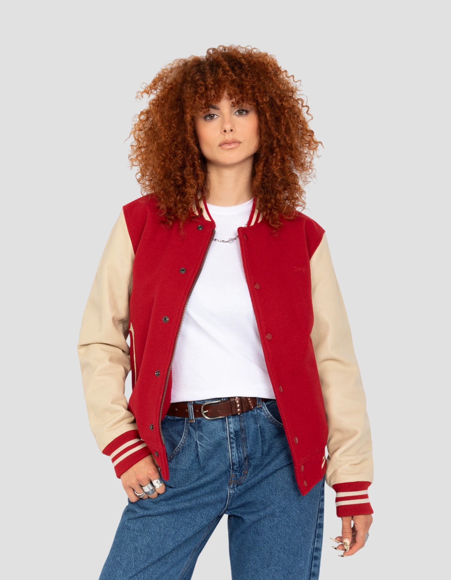 Blouson teddy rouge et beige, cuir de vachette