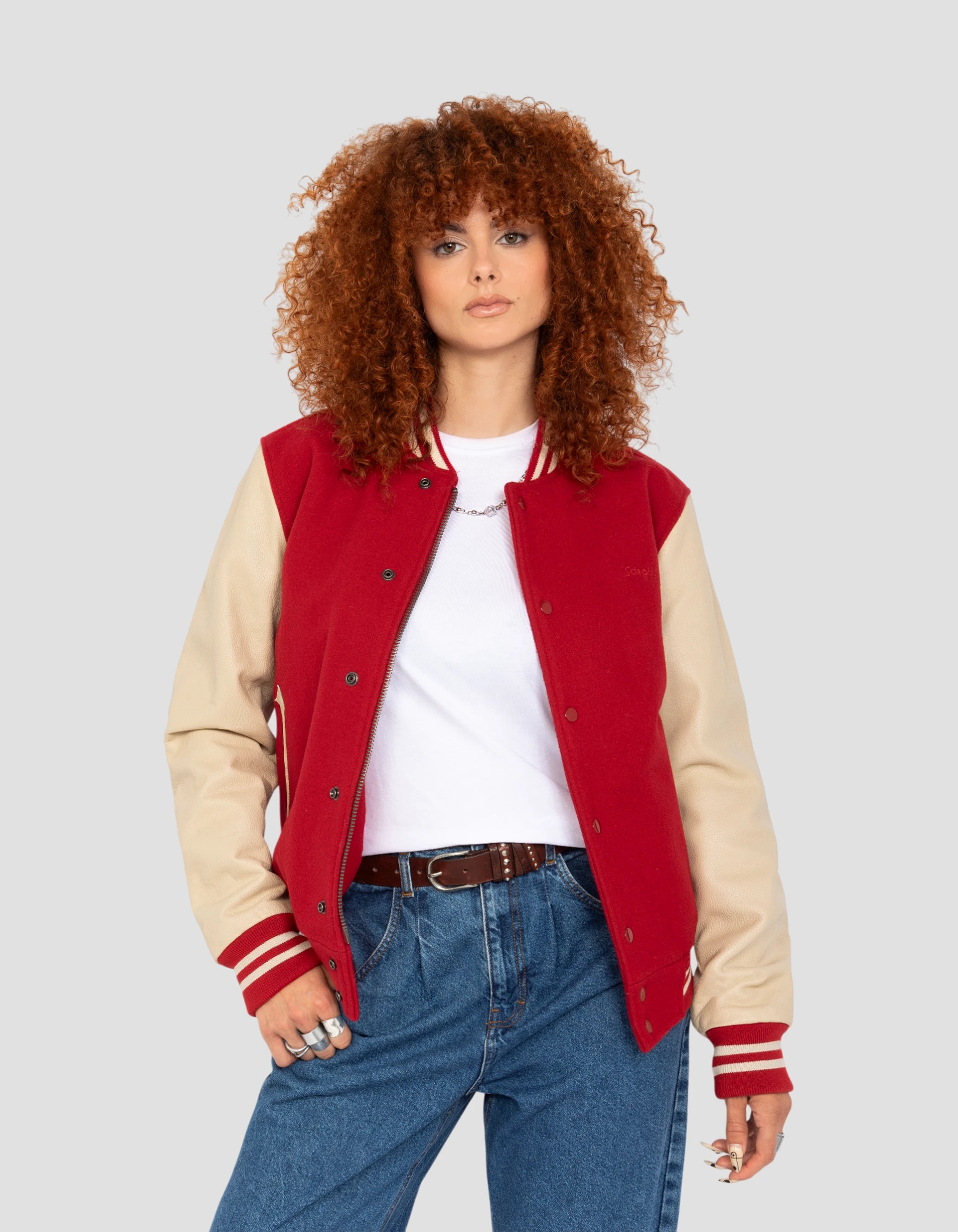 Blouson teddy rouge et beige, cuir de vachette-3