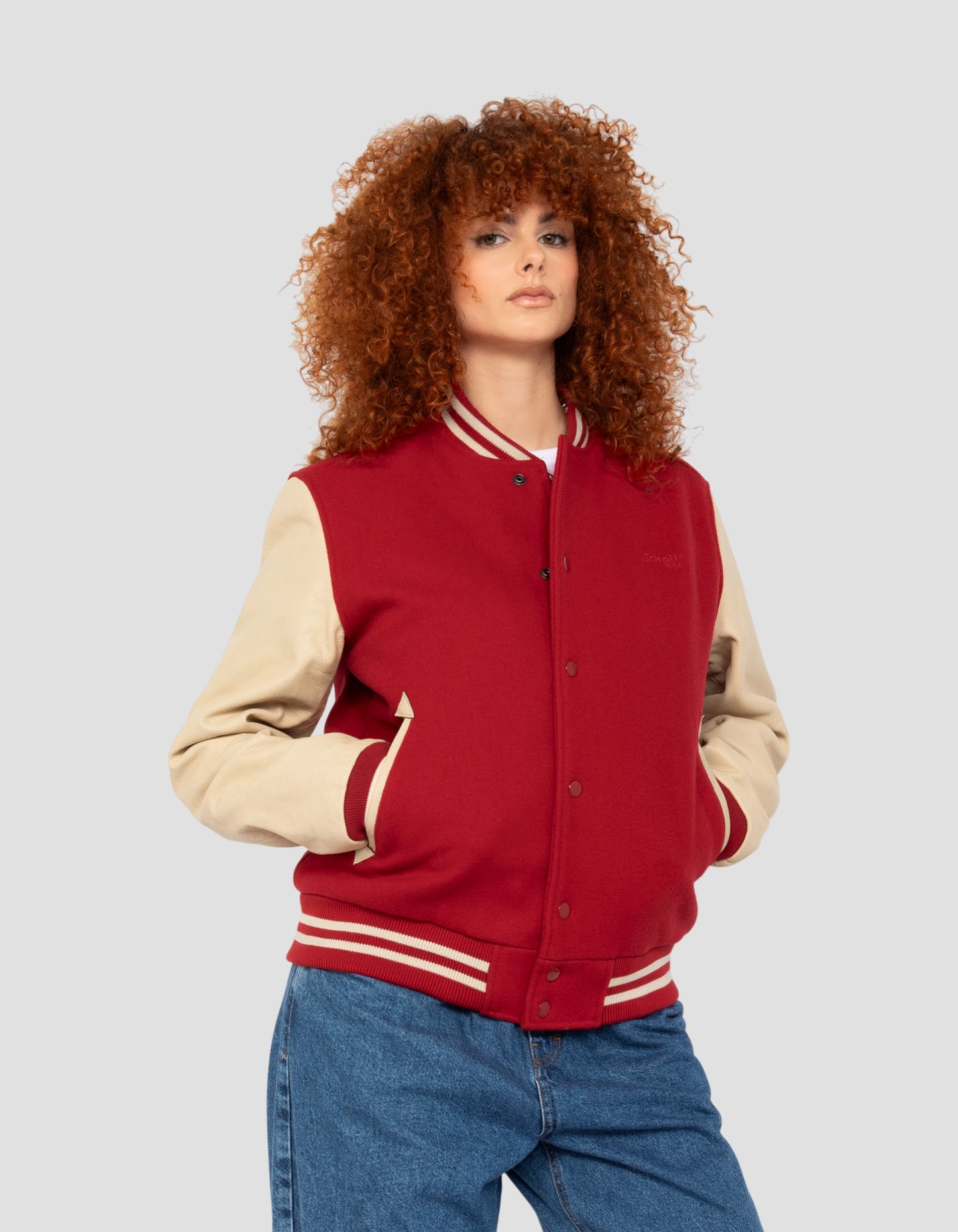 Blouson teddy rouge et beige, cuir de vachette