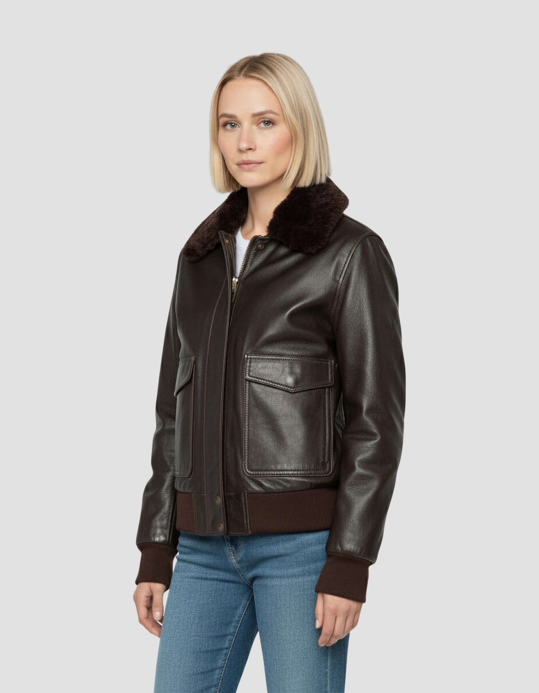 Giacca marrone scuro con collo di pelliccia in finto rimovibile-3