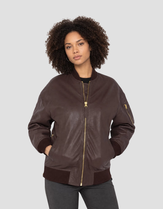 Lange bordeauxrote MA-1-Bomberjacke aus Lammleder