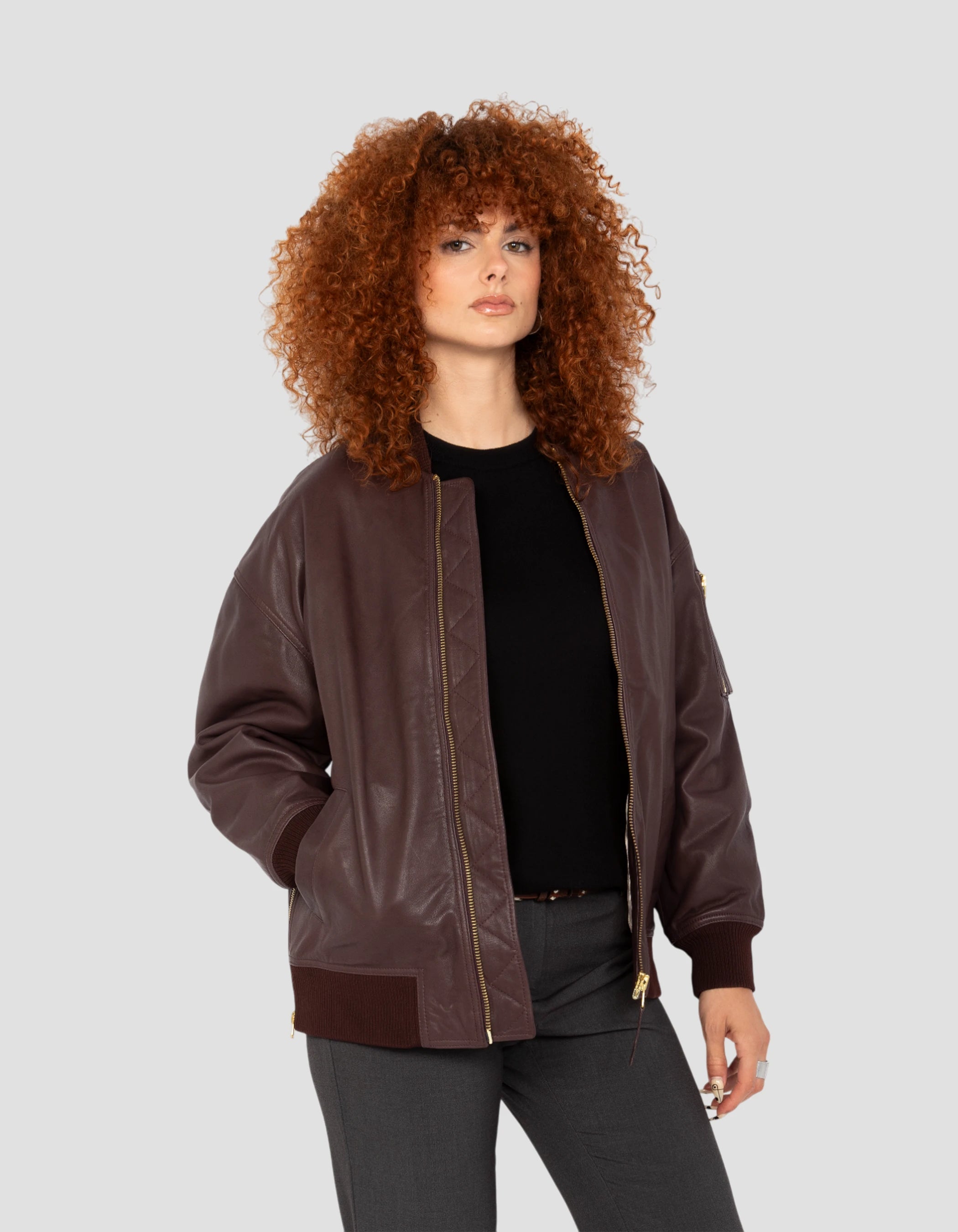 Bomber MA-1 Bordeaux Long, in pelle di agnello-4