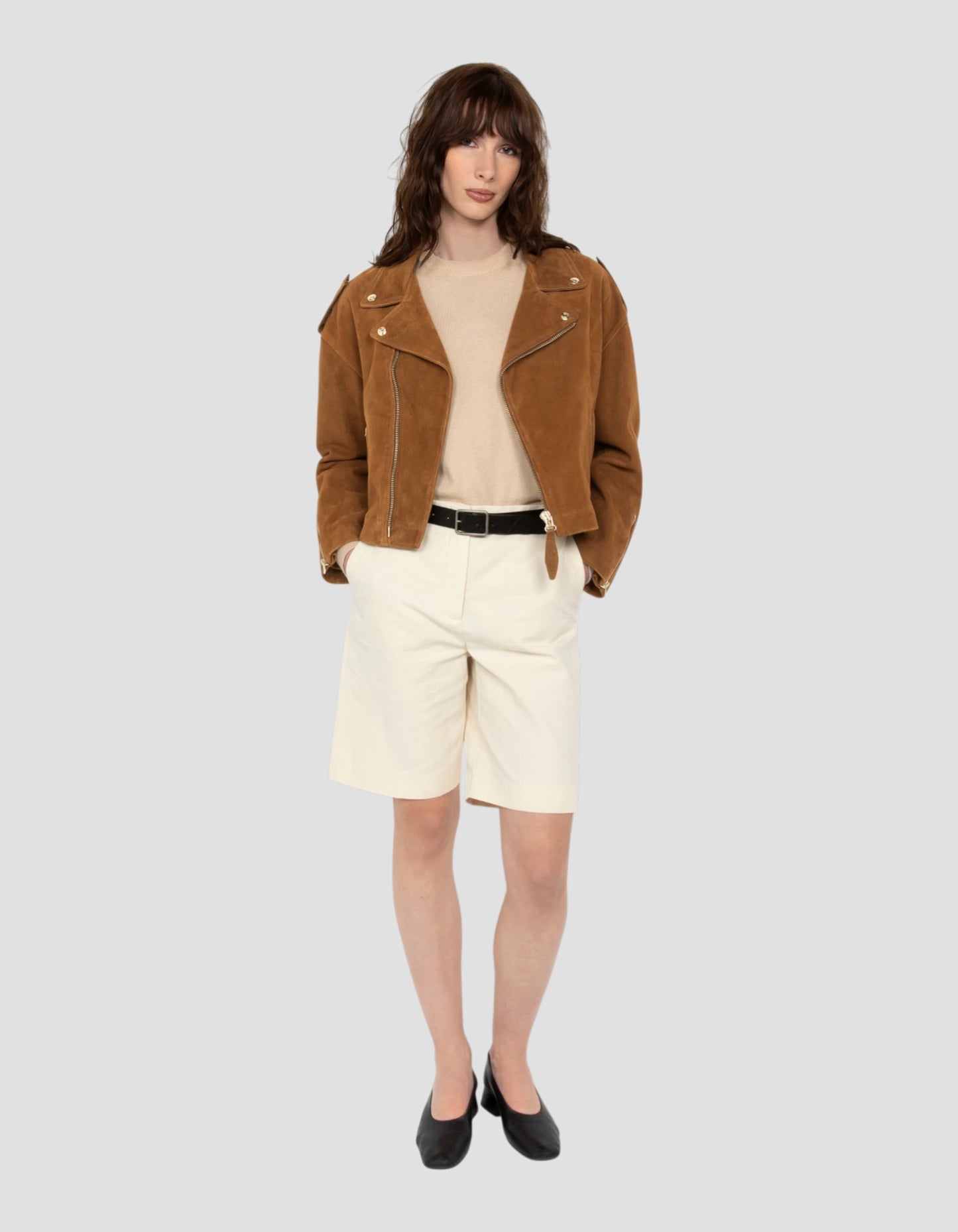 Blouson Perfecto 90's court caramel, chèvre velours