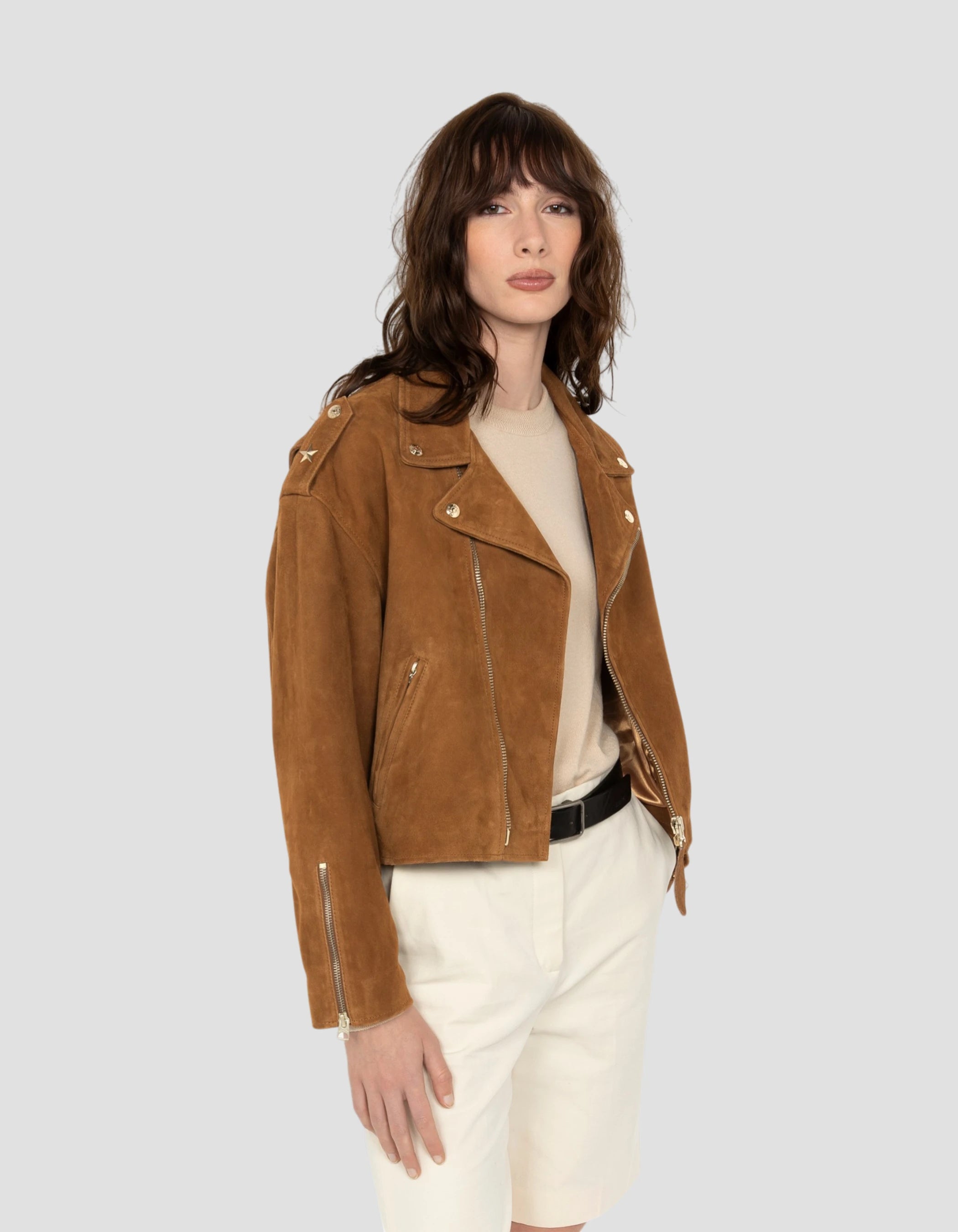 Blouson Perfecto 90's court caramel, chèvre velours-3
