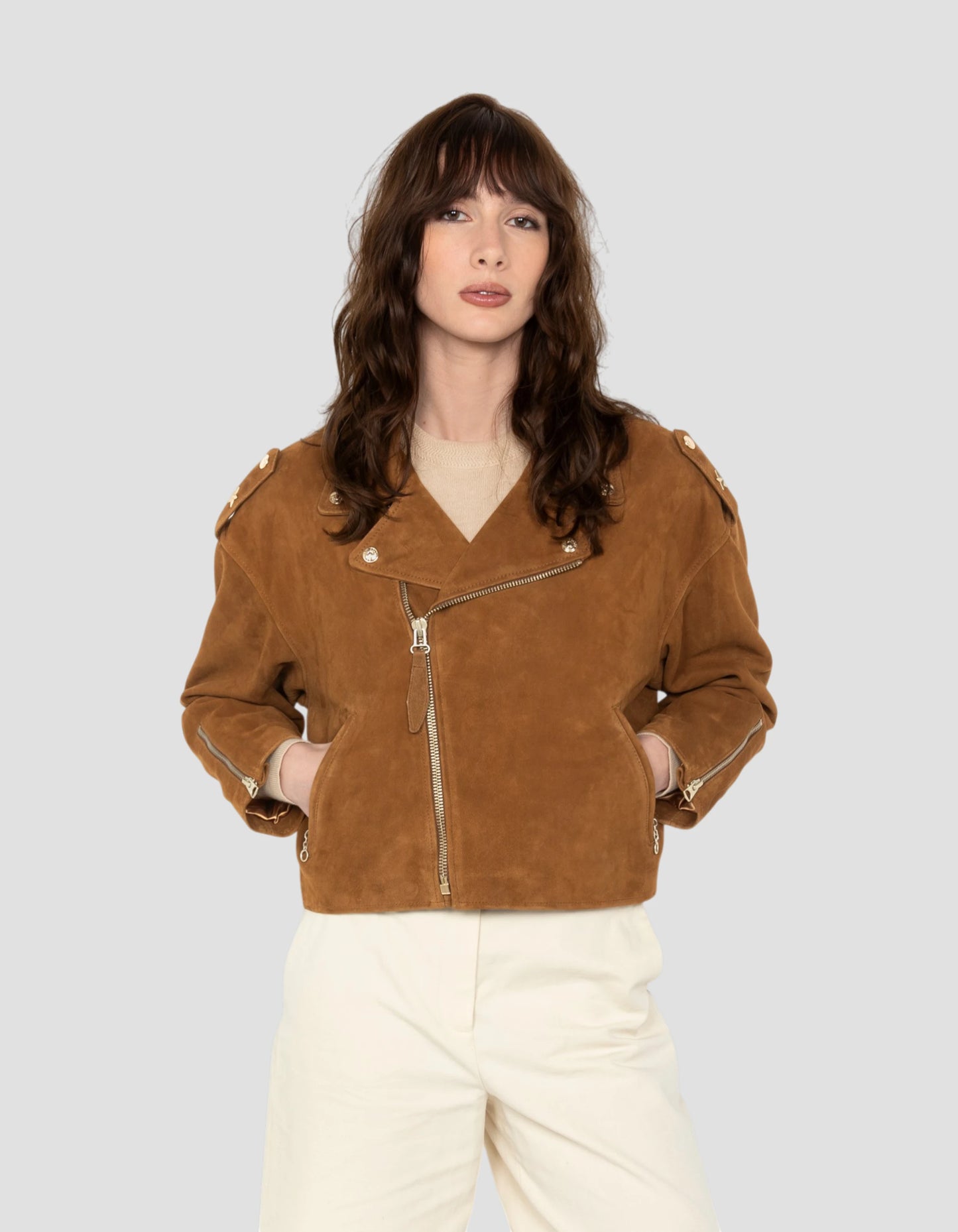 Blouson Perfecto 90's court caramel, chèvre velours