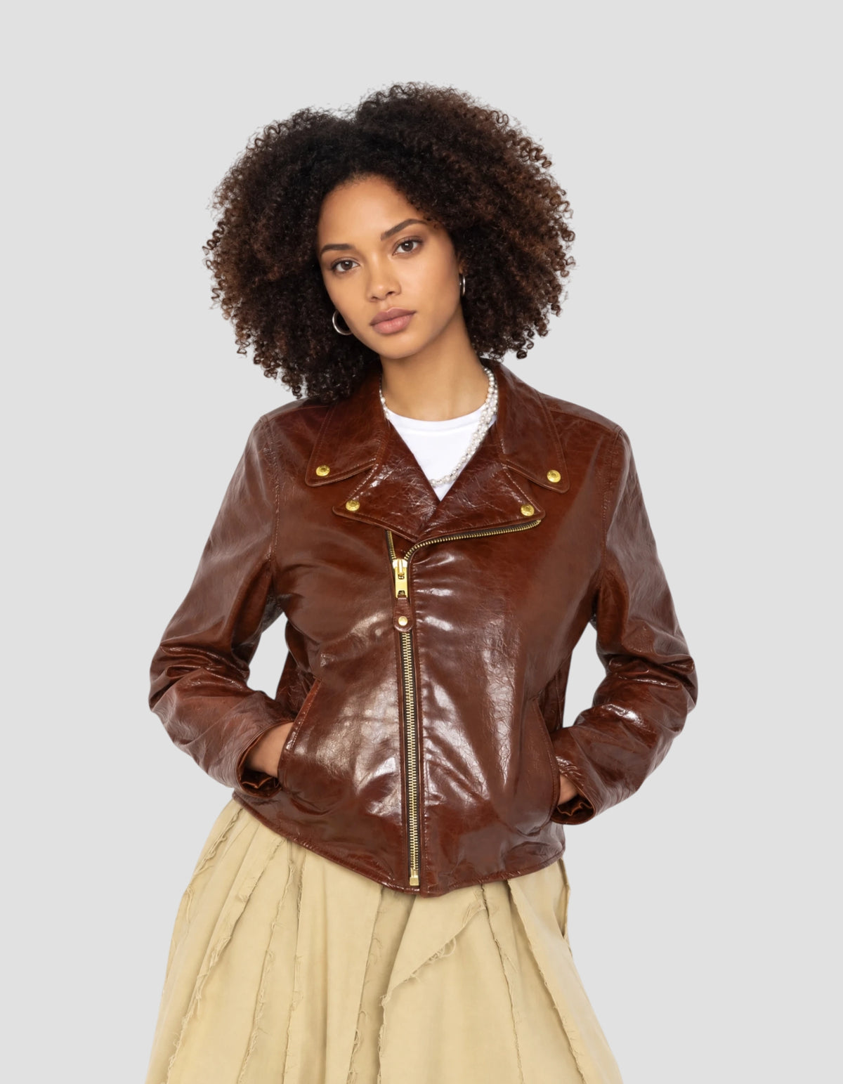 Braune Perfecto® Jacke aus Lammleder in Lackoptik