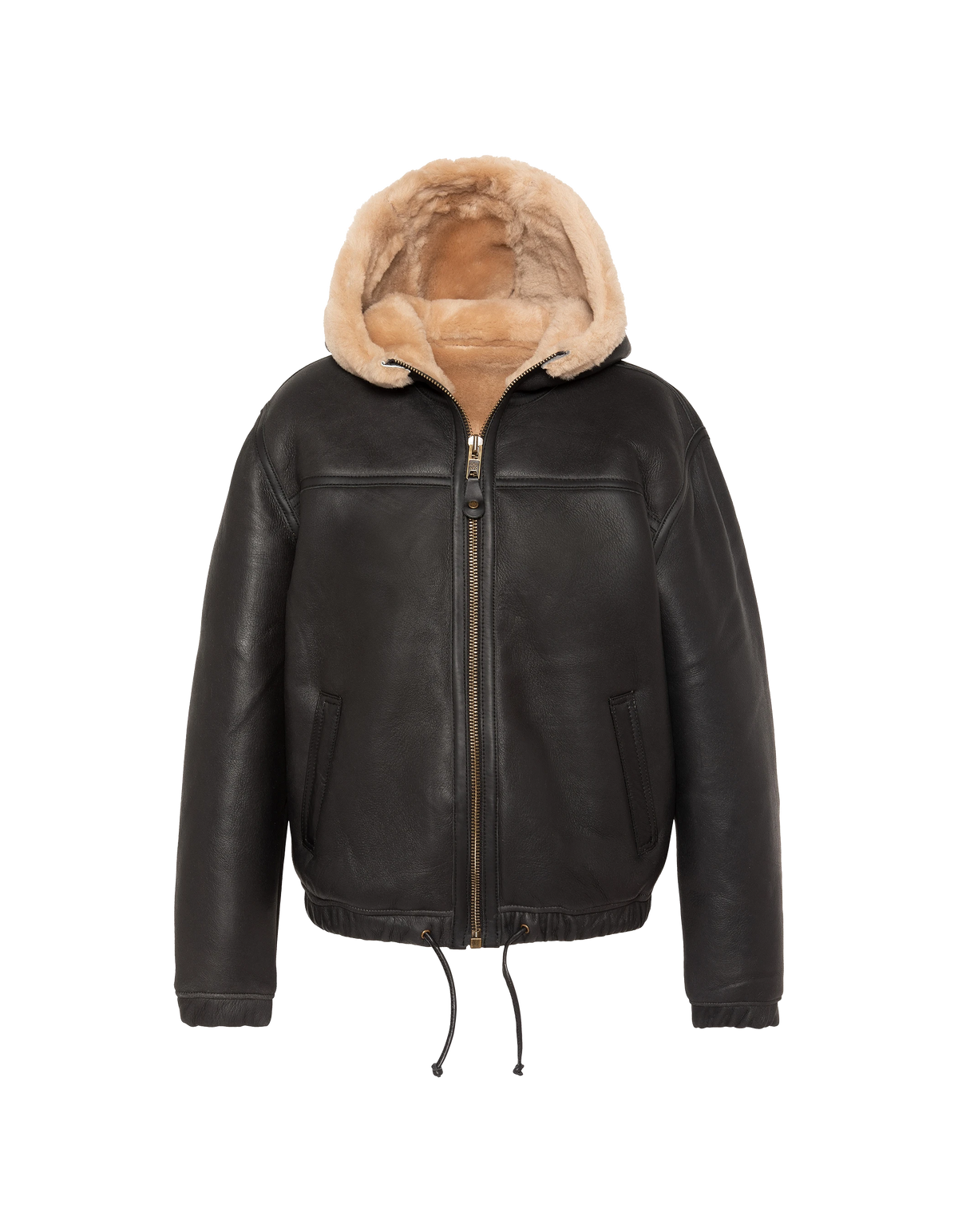 Giubbotto bomber nero e beige con cappuccio in montone double face-2