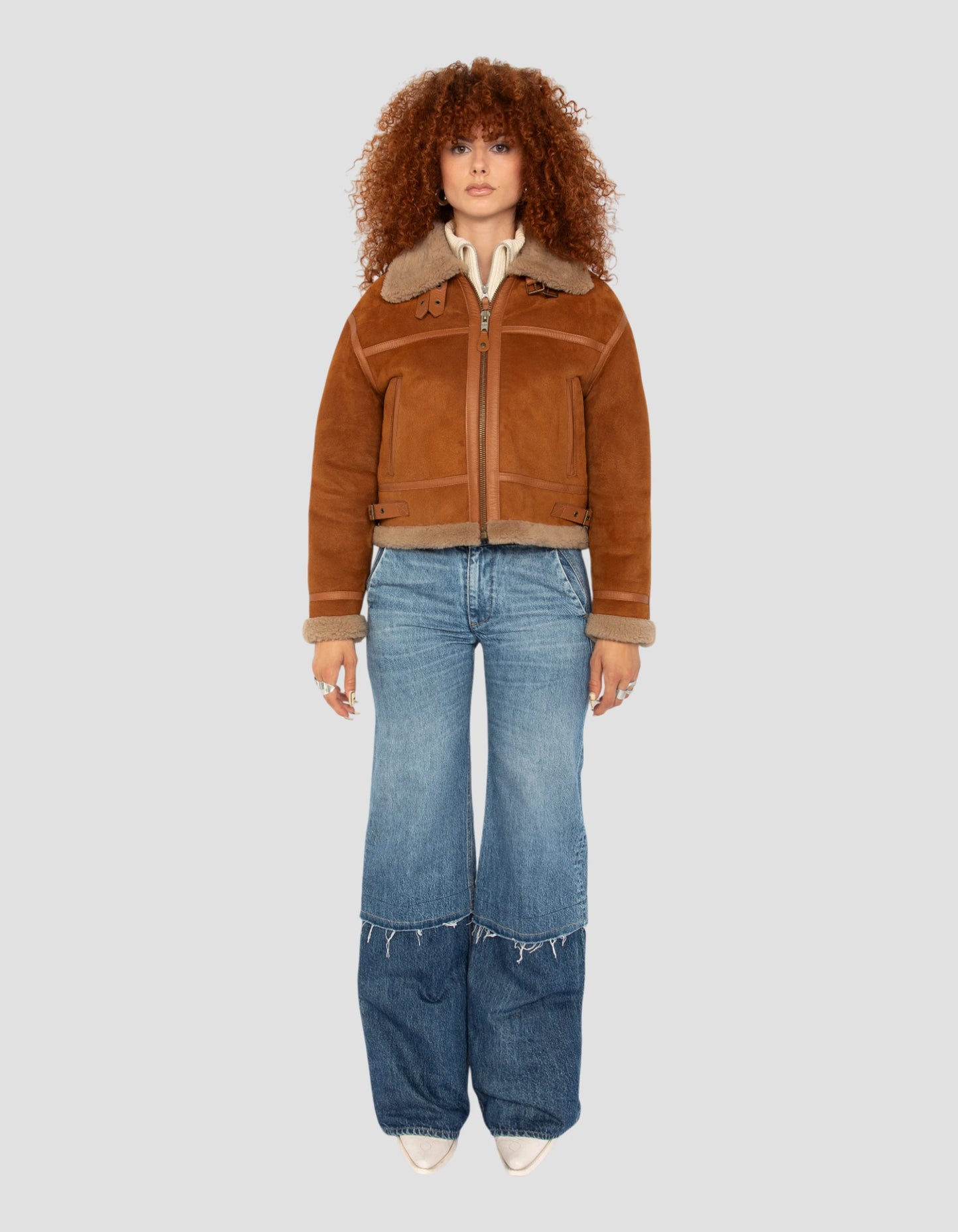 Blouson bombardier court type B-3 cannelle, mouton double face suédé