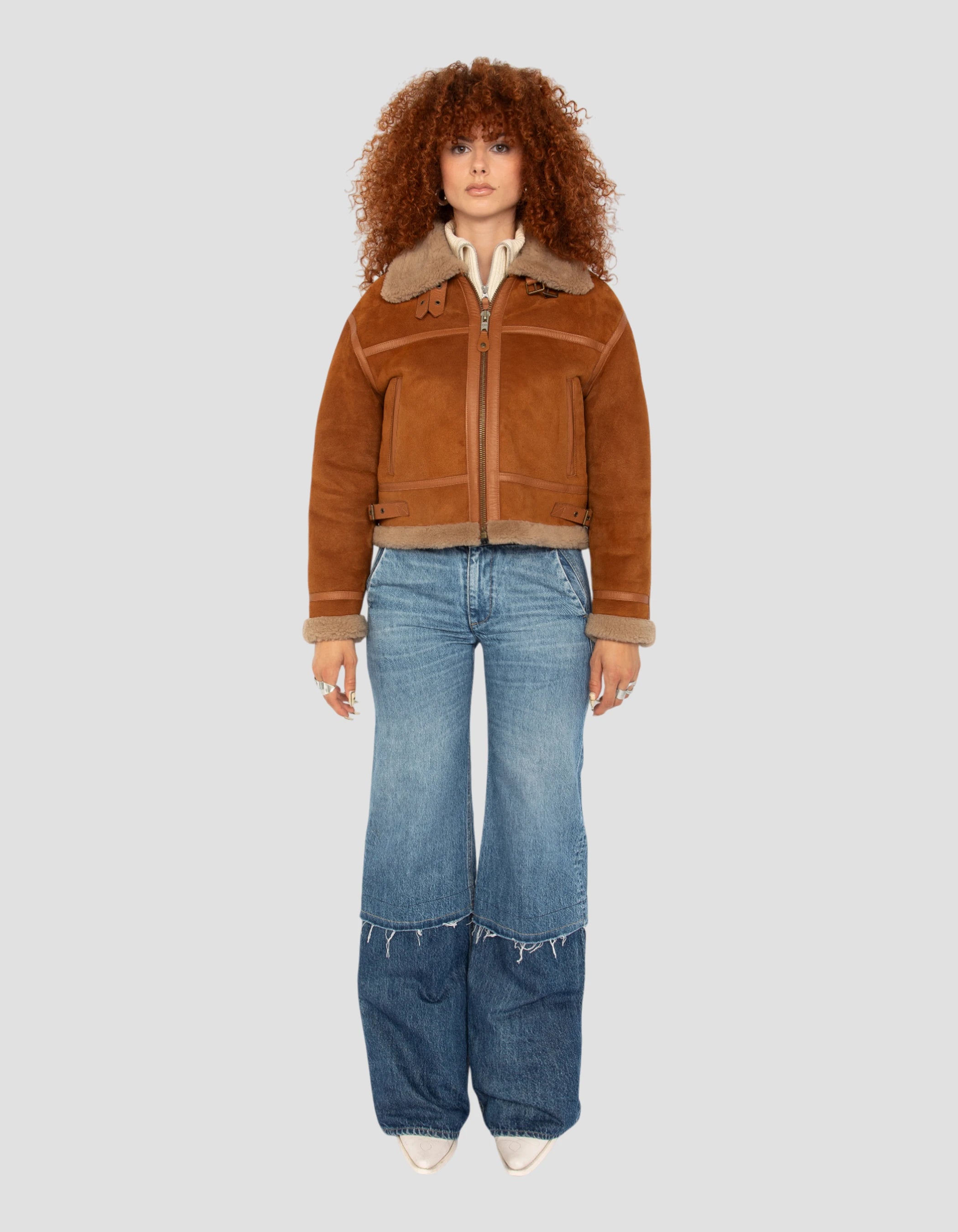 Blouson bombardier court type B-3 cannelle, mouton double face suédé-1