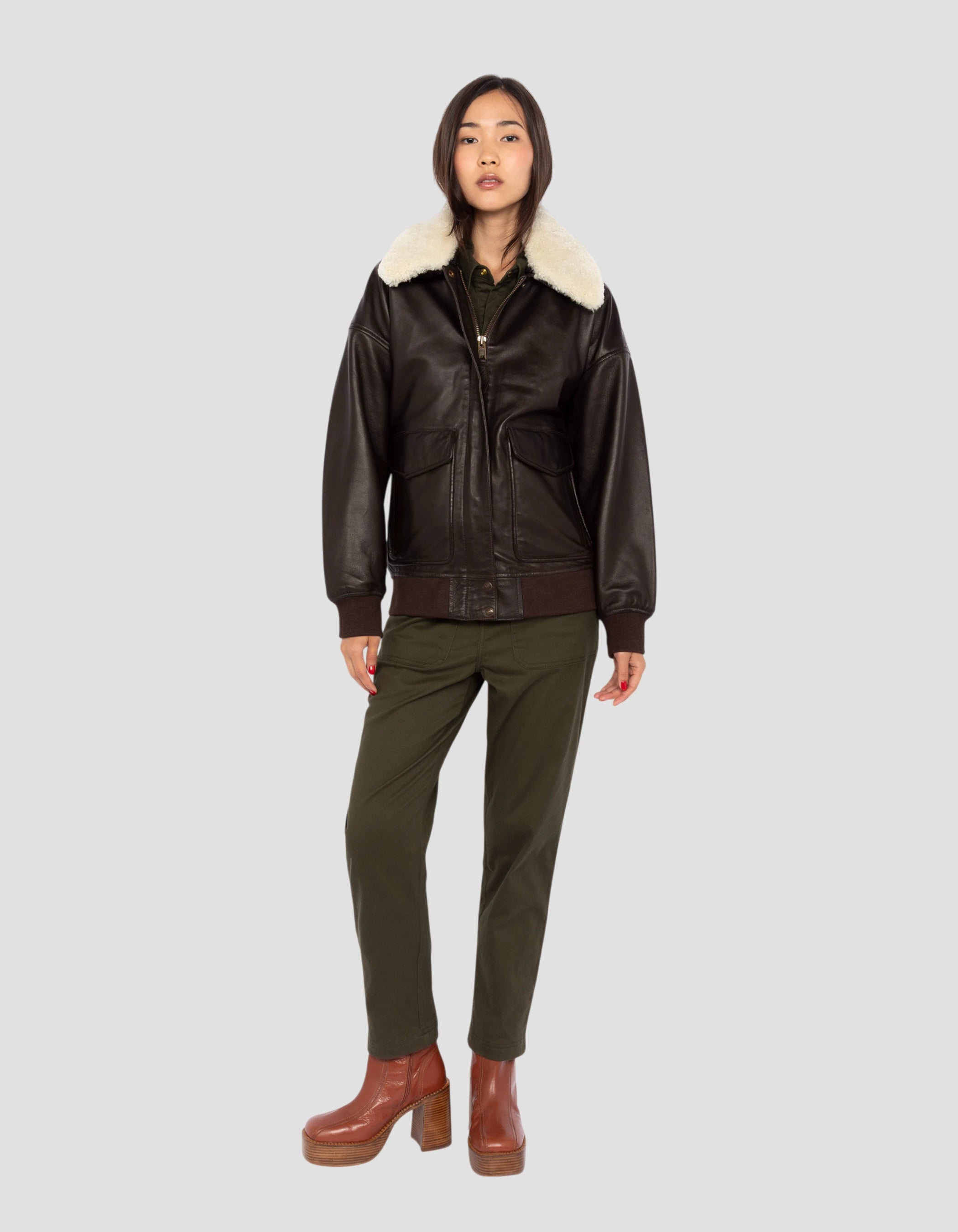 Flexible brown aviator jacket cup boyfriend, lamb leather-1