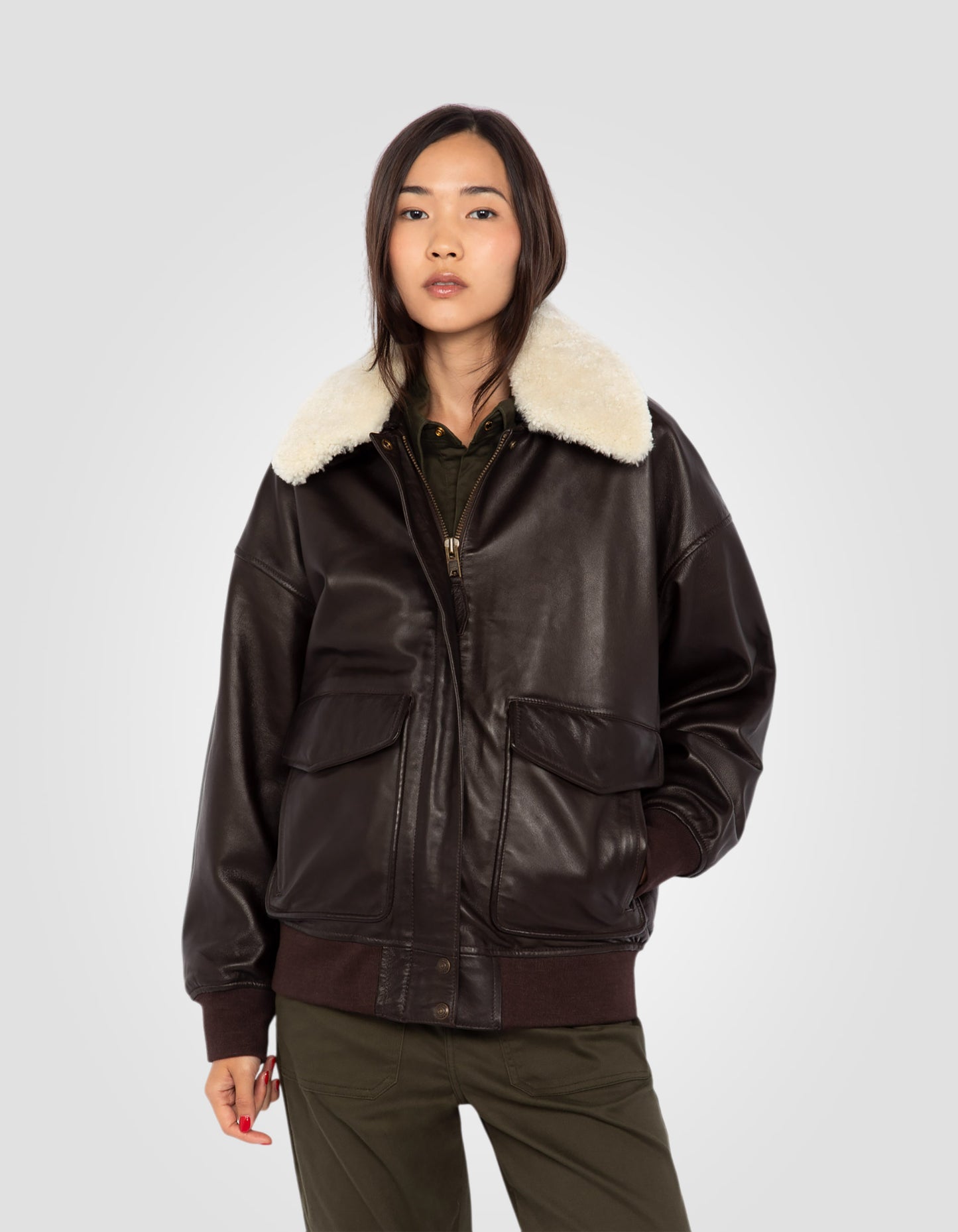 Blouson aviateur coupe boyfriend, cuir d'agneau