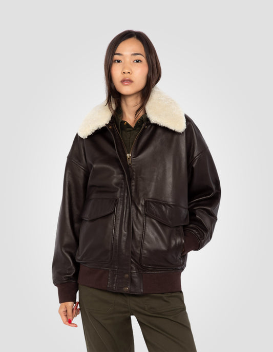 Blouson aviateur coupe boyfriend, cuir d'agneau