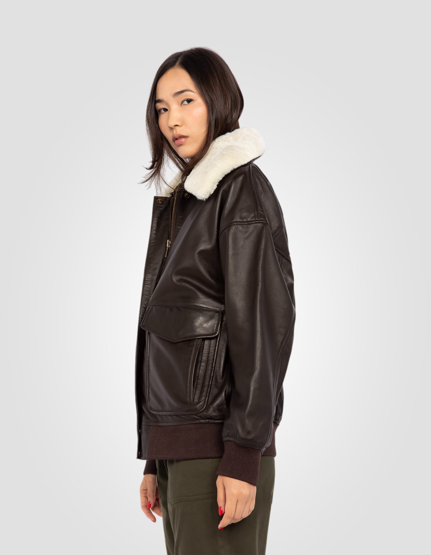 Blouson aviateur coupe boyfriend, cuir d'agneau