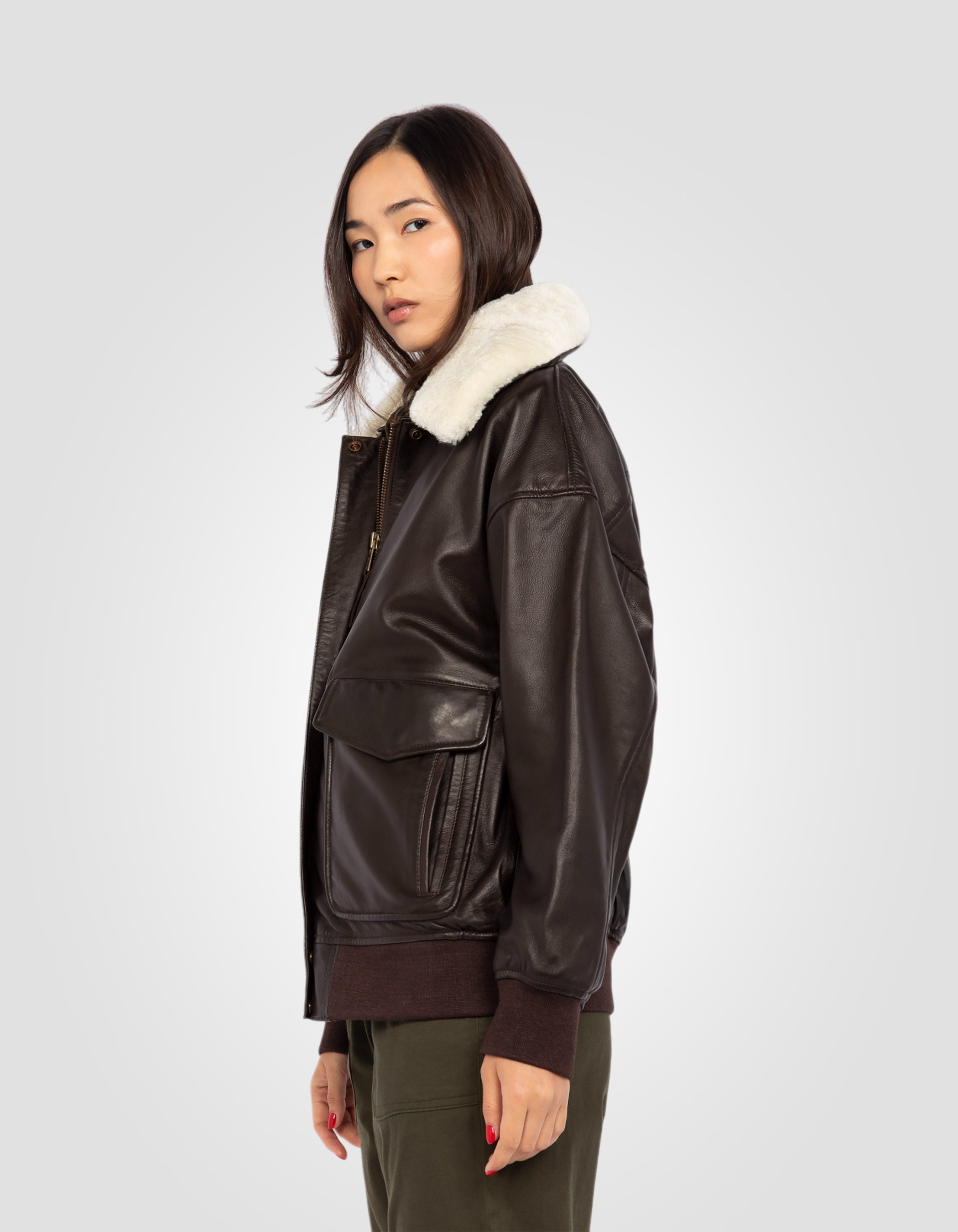 Flexible brown aviator jacket cup boyfriend, lamb leather-4