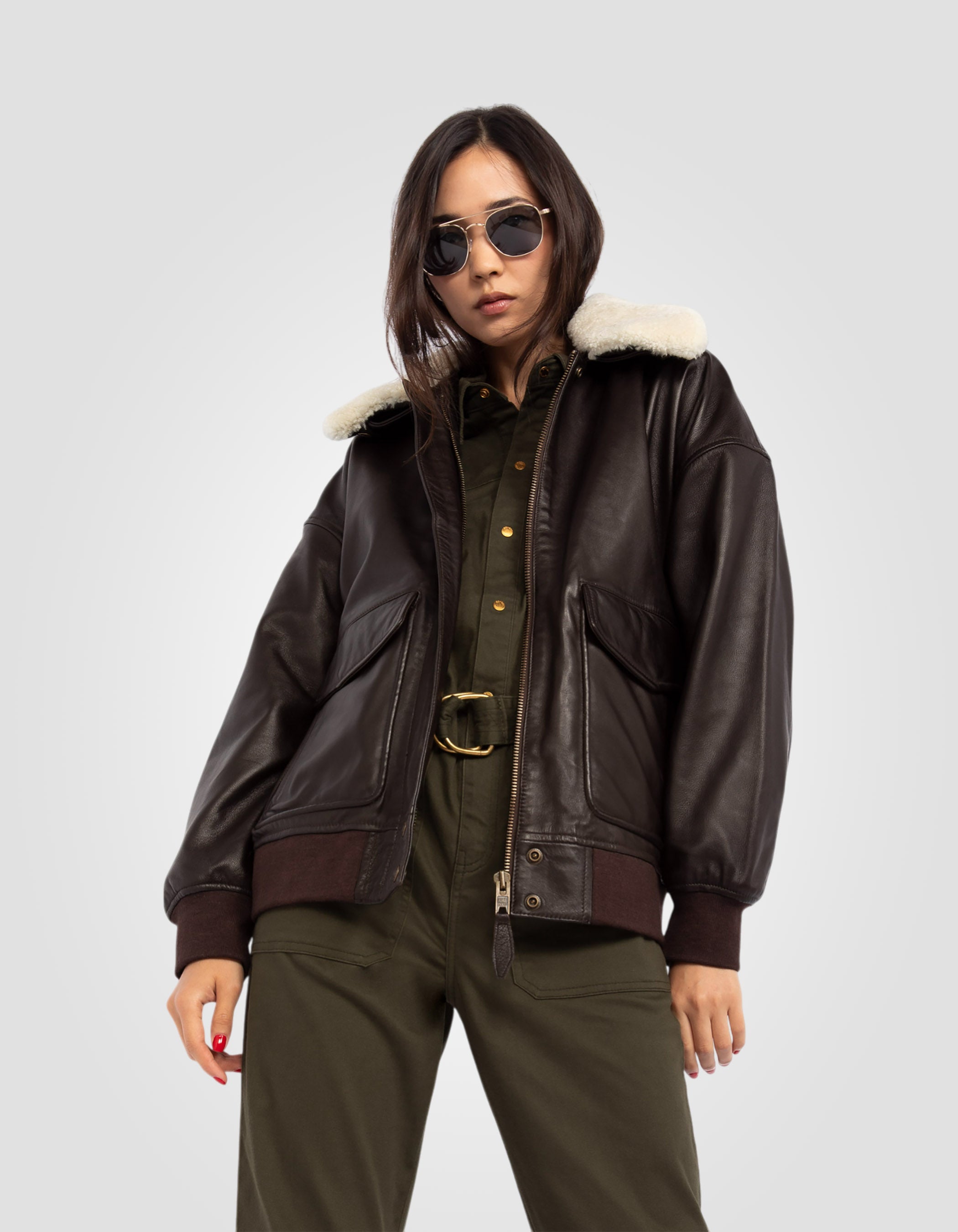 Flexible brown aviator jacket cup boyfriend, lamb leather-5