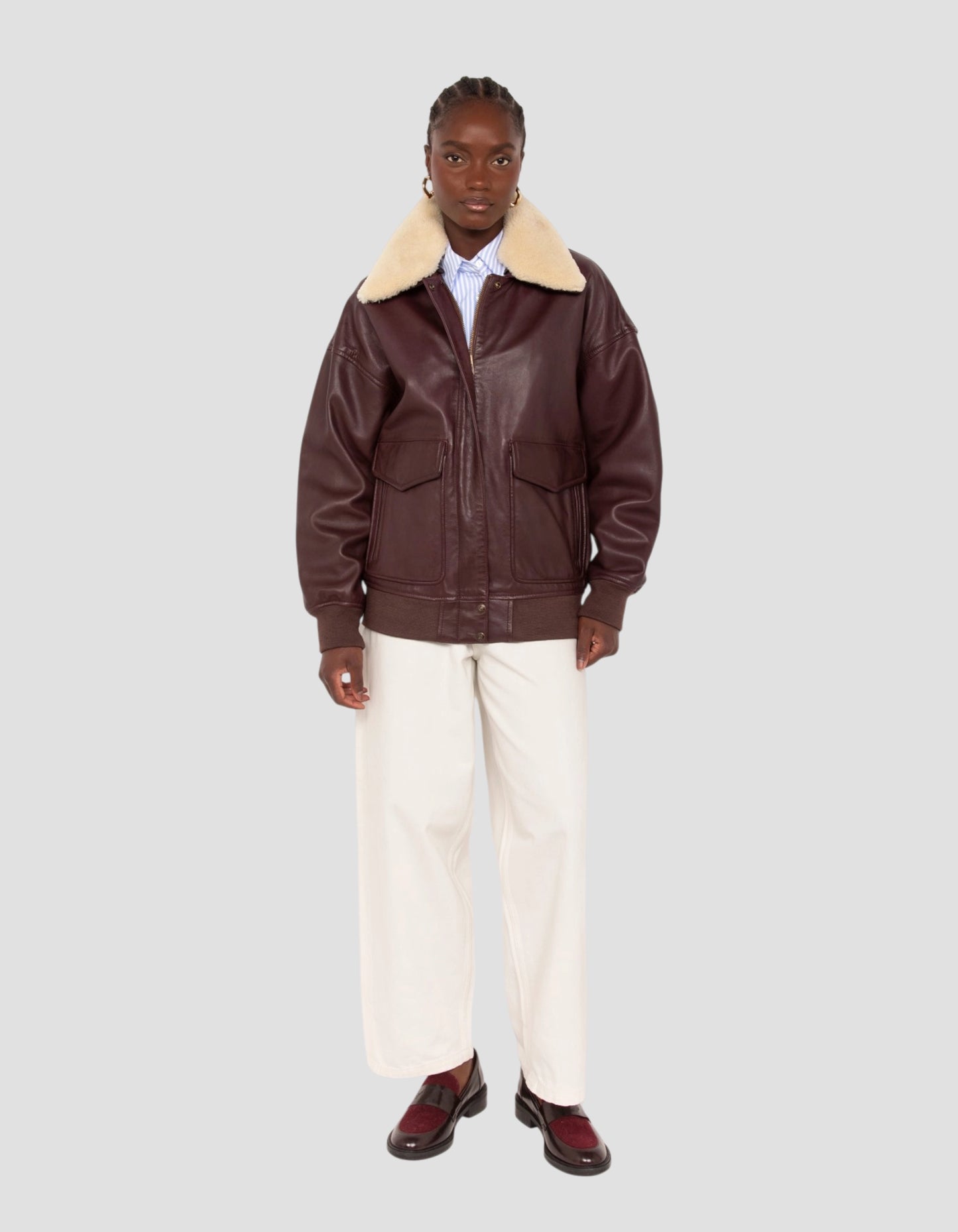 Blouson aviateur souple bordeaux coupe boyfriend, cuir d'agneau