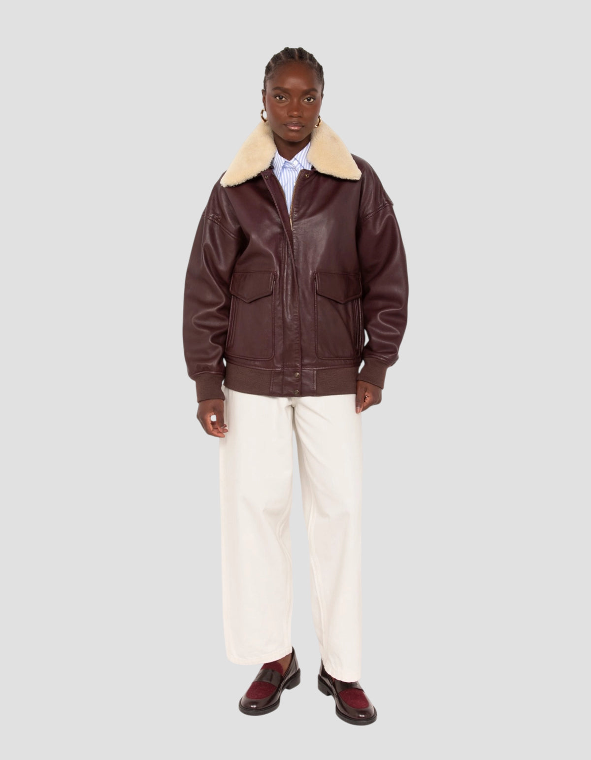 Blouson aviateur souple bordeaux coupe boyfriend, cuir d'agneau-1