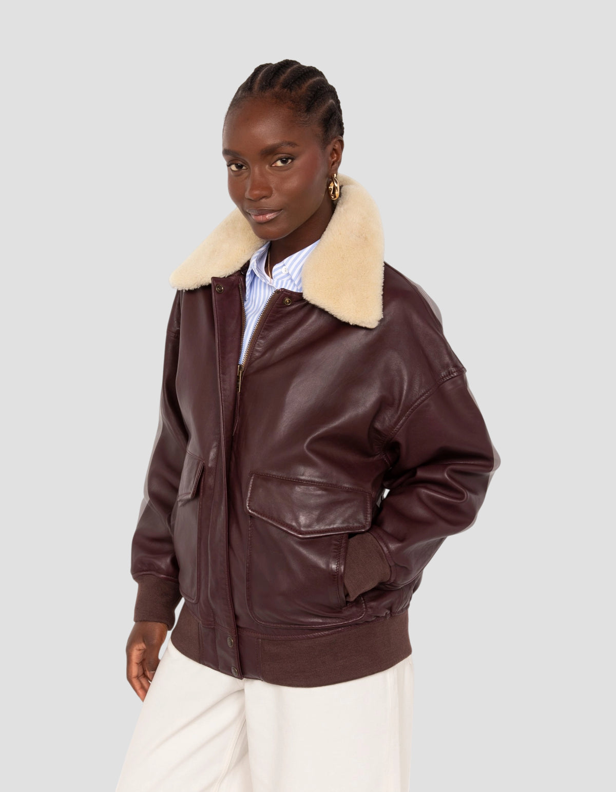 Blouson aviateur souple bordeaux coupe boyfriend, cuir d'agneau