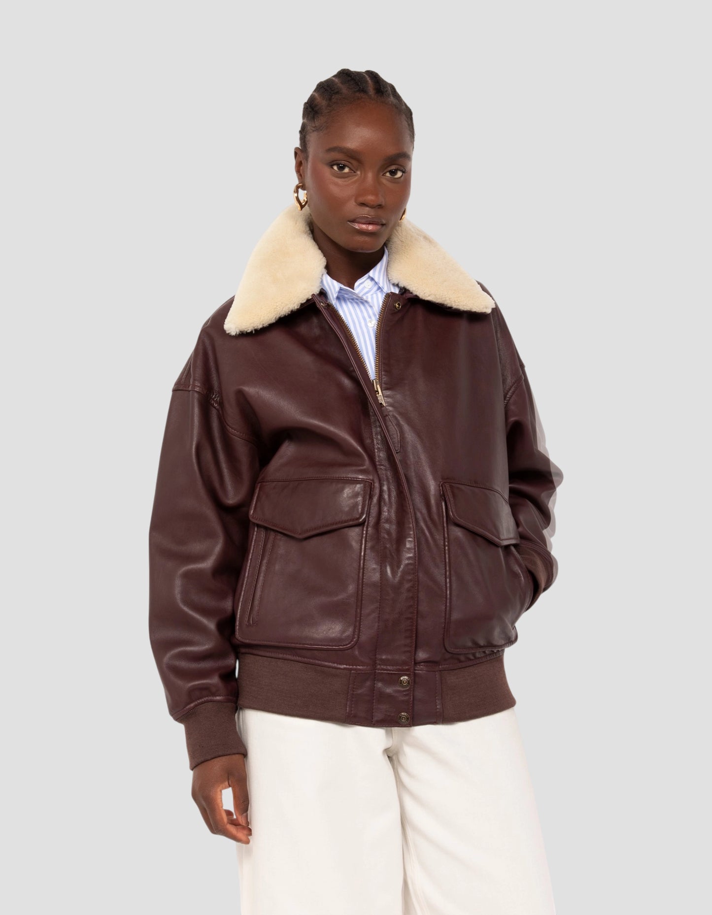 Blouson aviateur souple bordeaux coupe boyfriend, cuir d'agneau