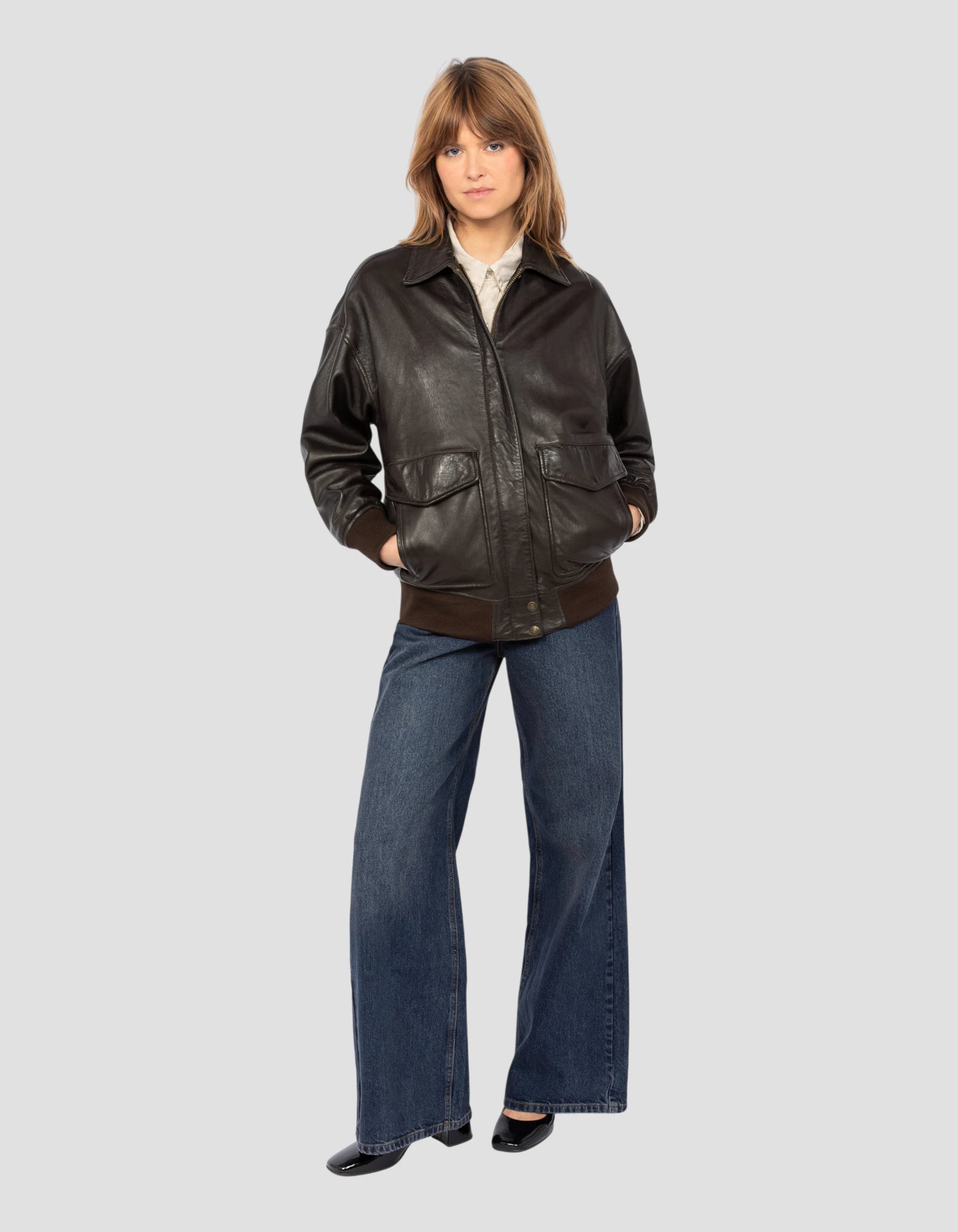 Flexible brown aviator jacket cup boyfriend, lamb leather washed-4