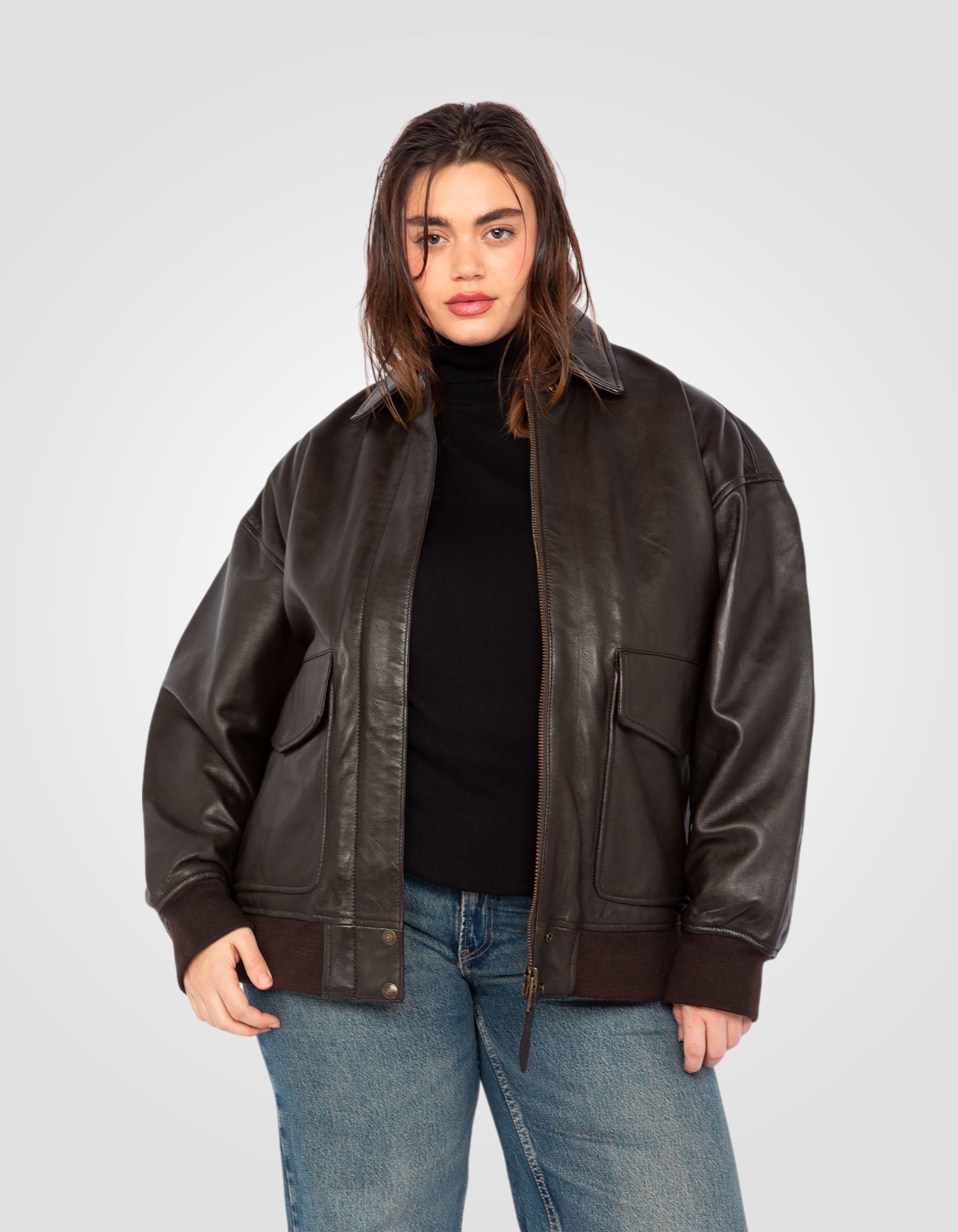 Soft Boyfriend cut brown aviator jacket, washed lambskin leather