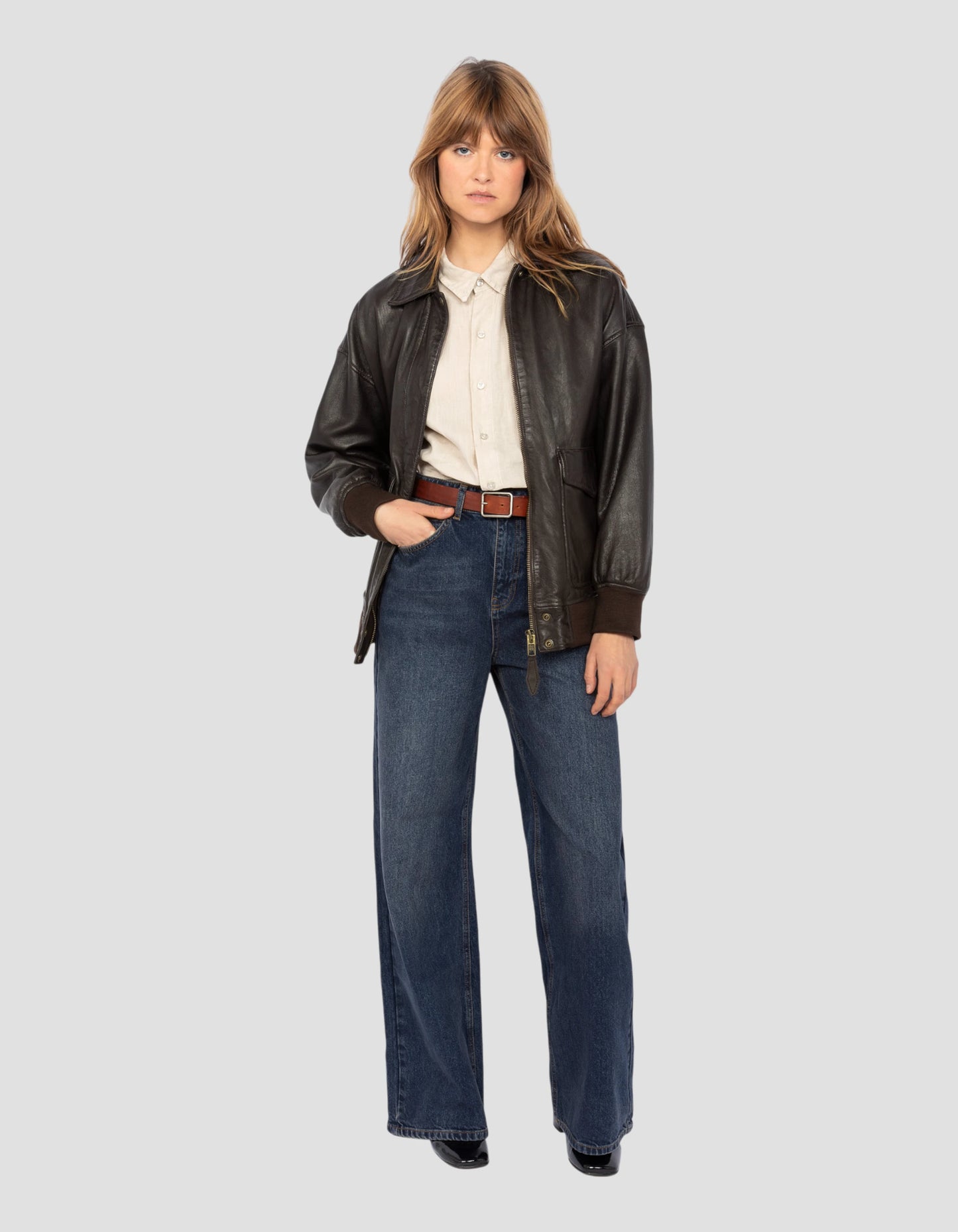 Flexible brown aviator jacket cup boyfriend, lamb leather washed