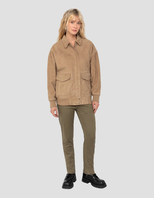 Giacca da aviatore beige, taglio oversize, capra in velluto