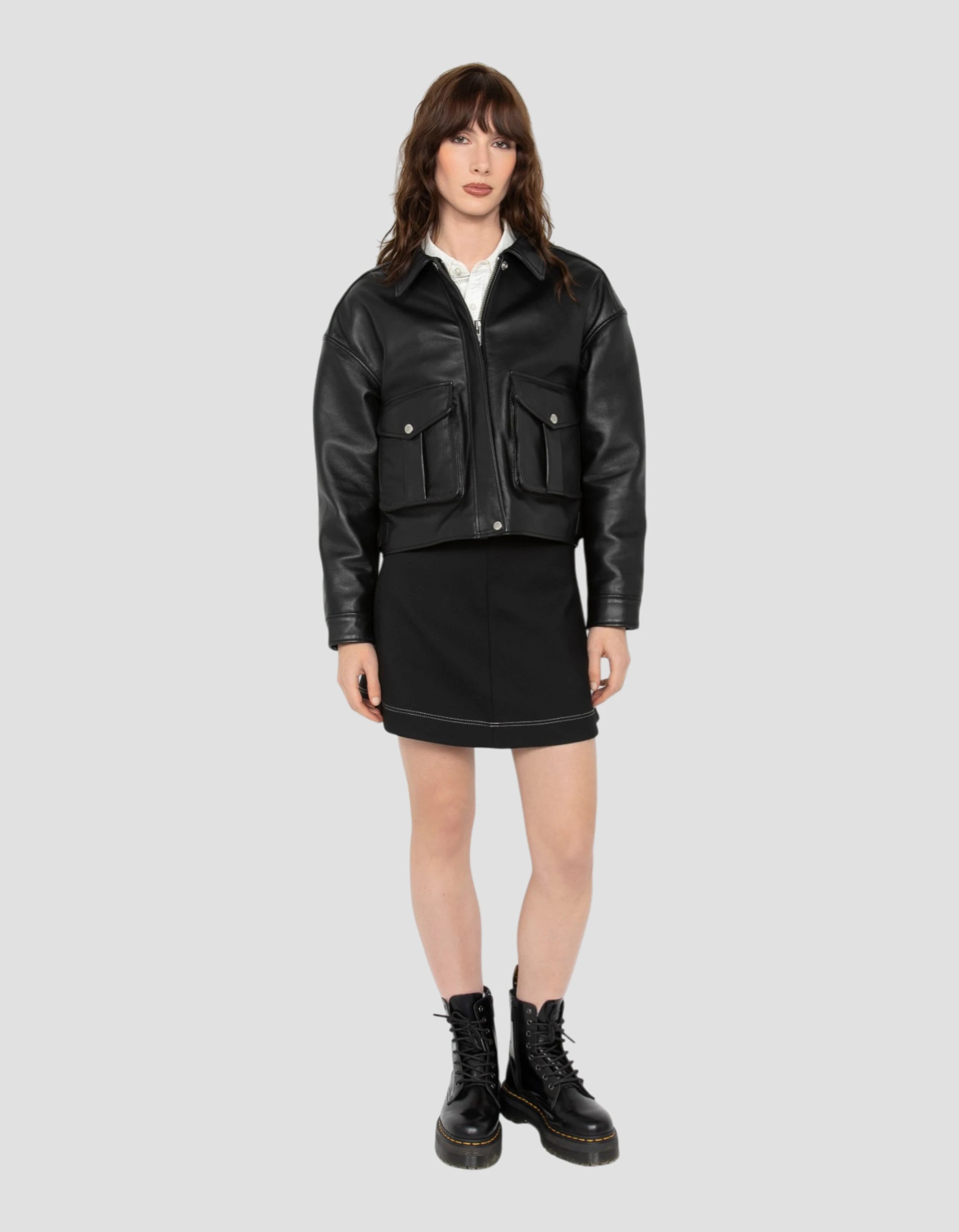 Blouson pilote court noir, cuir d'agneau-1