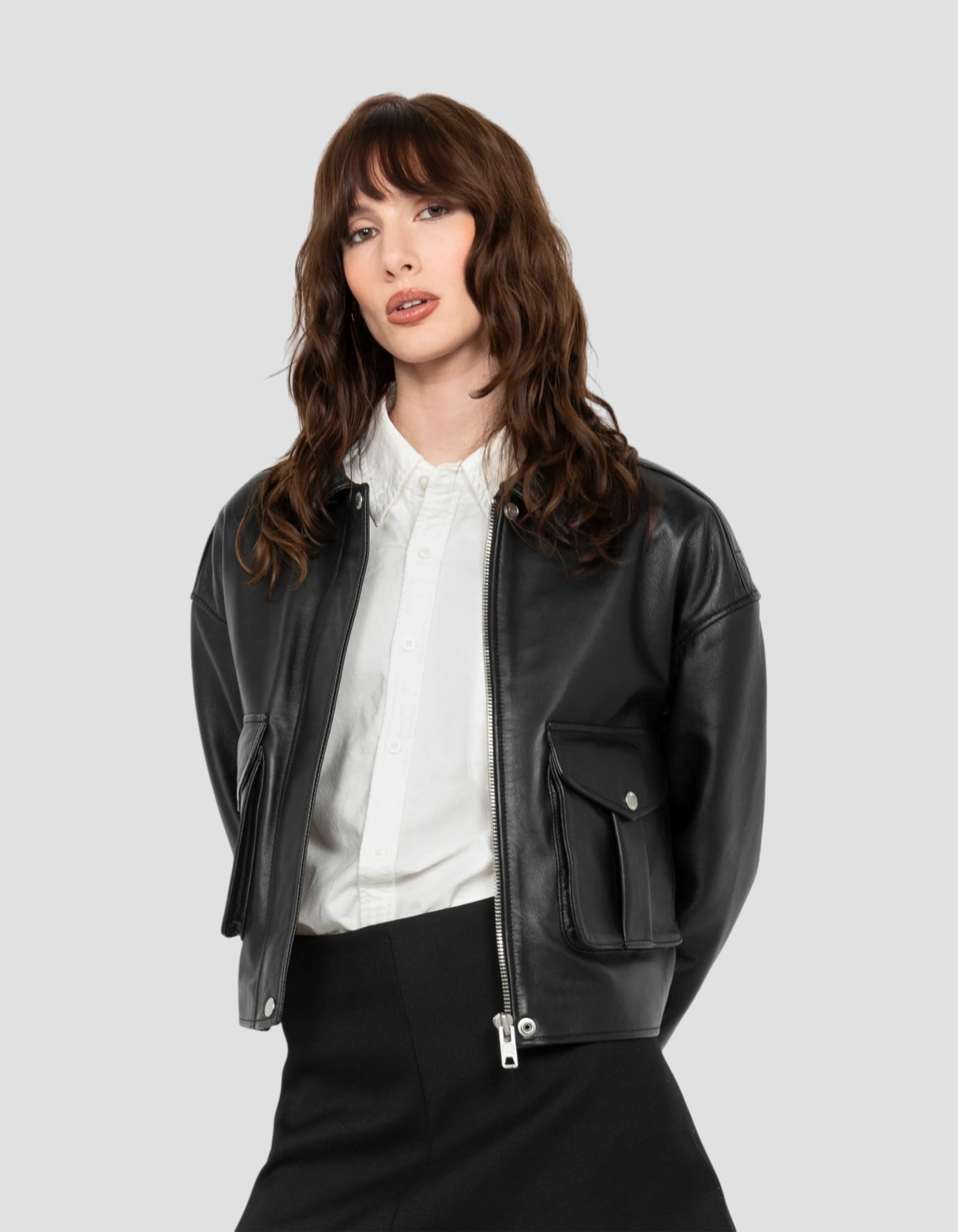 Blouson pilote court noir, cuir d'agneau