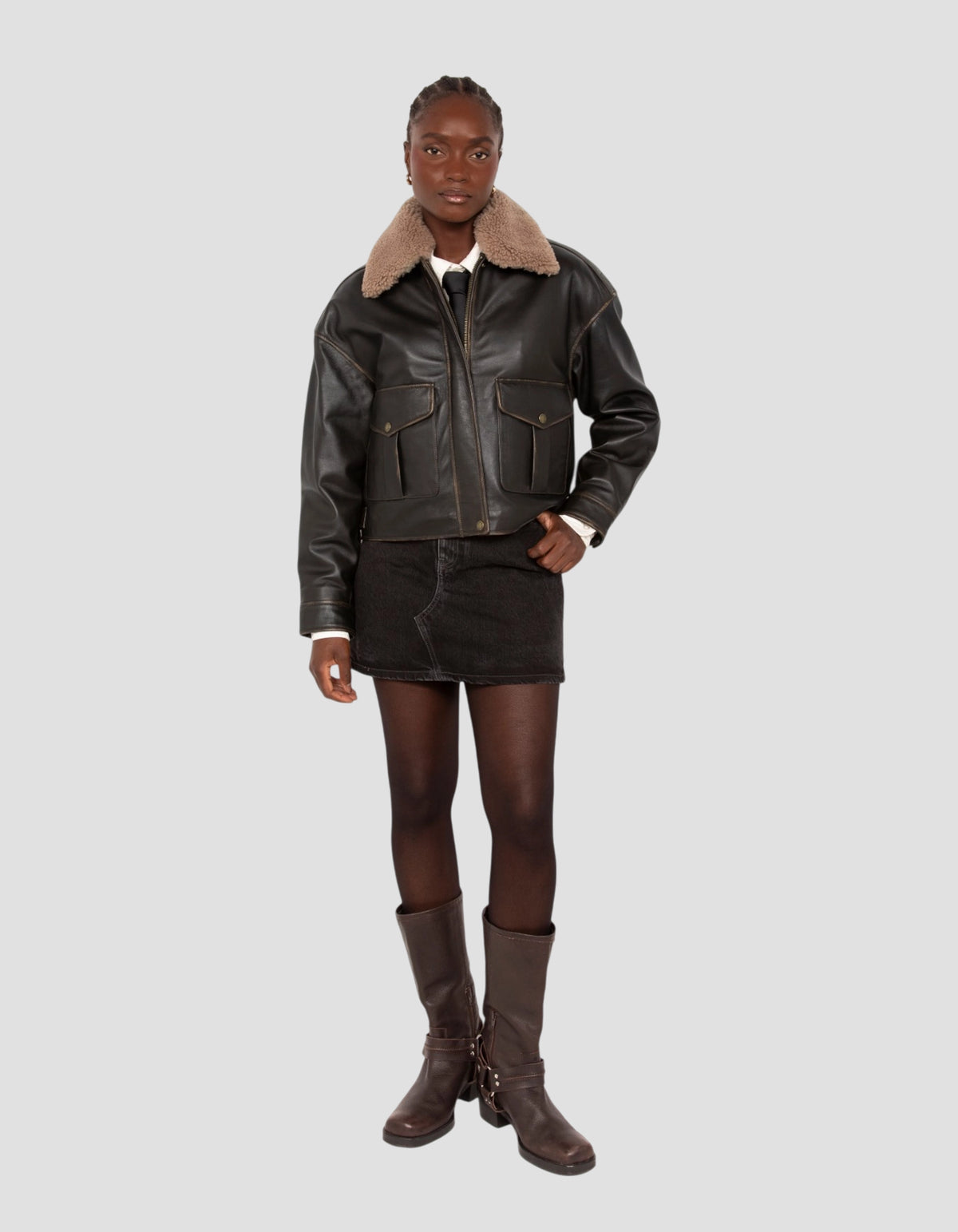 flight jacket short dark brown vintage effect, lambskin leather