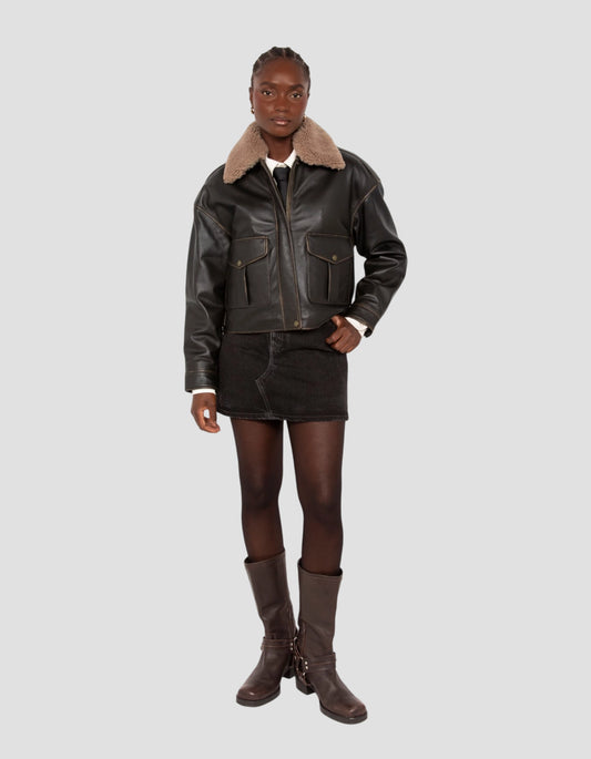 Kurze dunkelbraune Pilotenjacke mit Vintage-Effekt, Lammleder