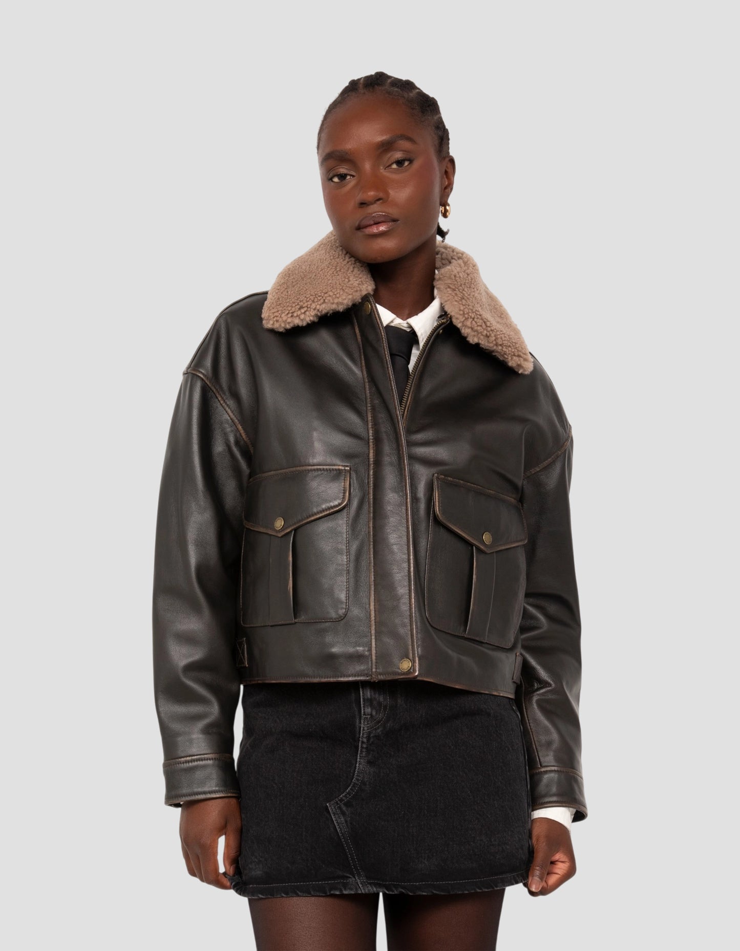 flight jacket short dark brown vintage effect, lambskin leather