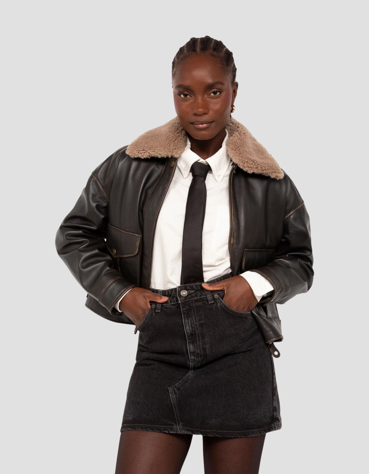 flight jacket short dark brown vintage effect, lambskin leather-4