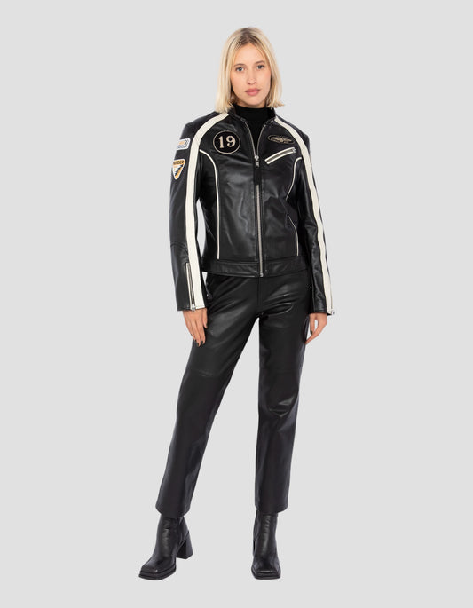 Badged black biker jacket, cowhide leather