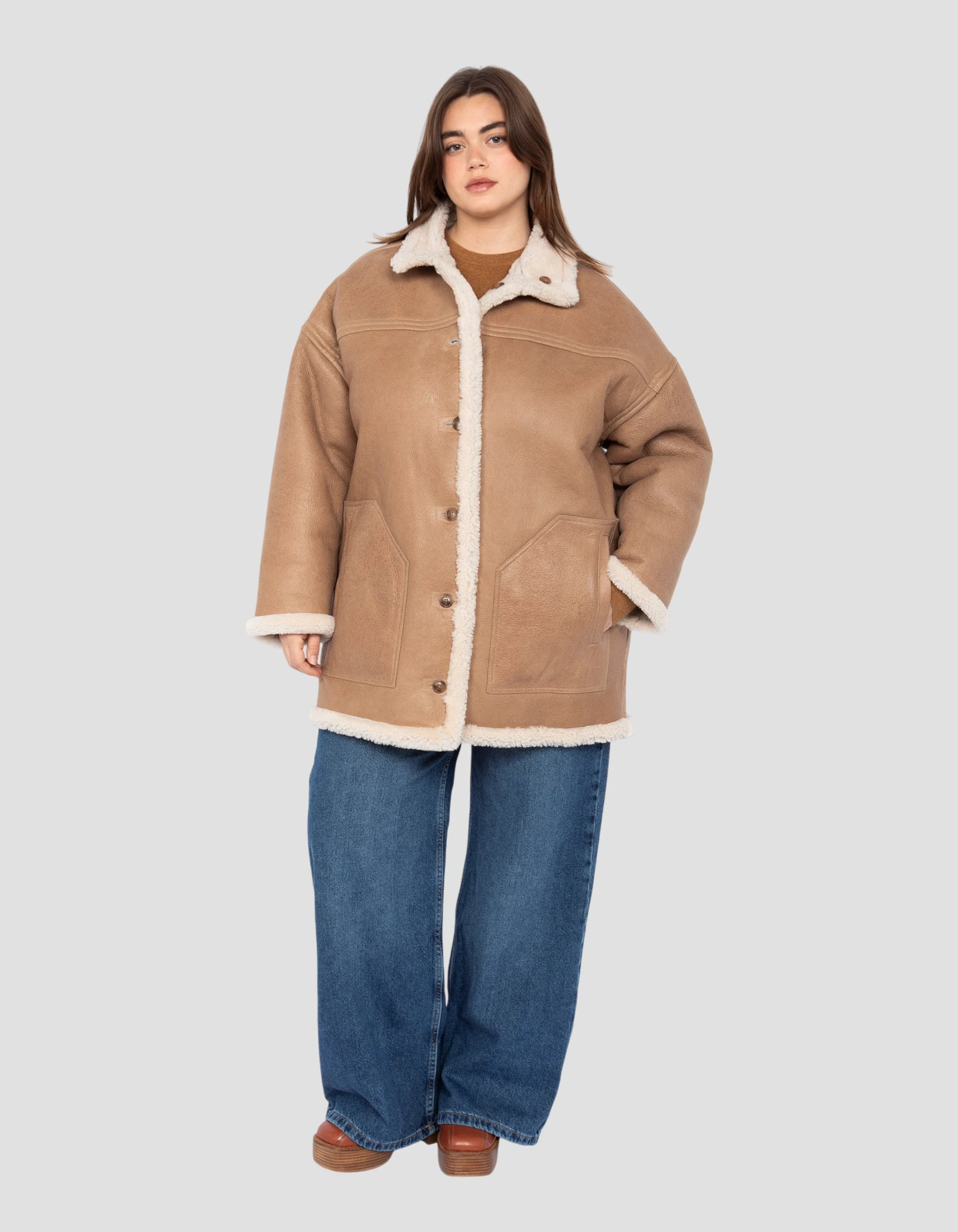 Long reversible sand coat, double face sheepskin, plus size
