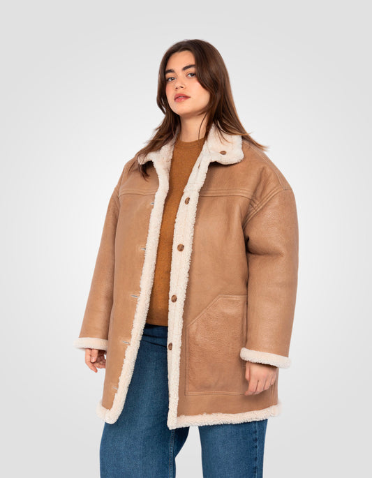 Long reversible sand coat, double face sheepskin, plus size