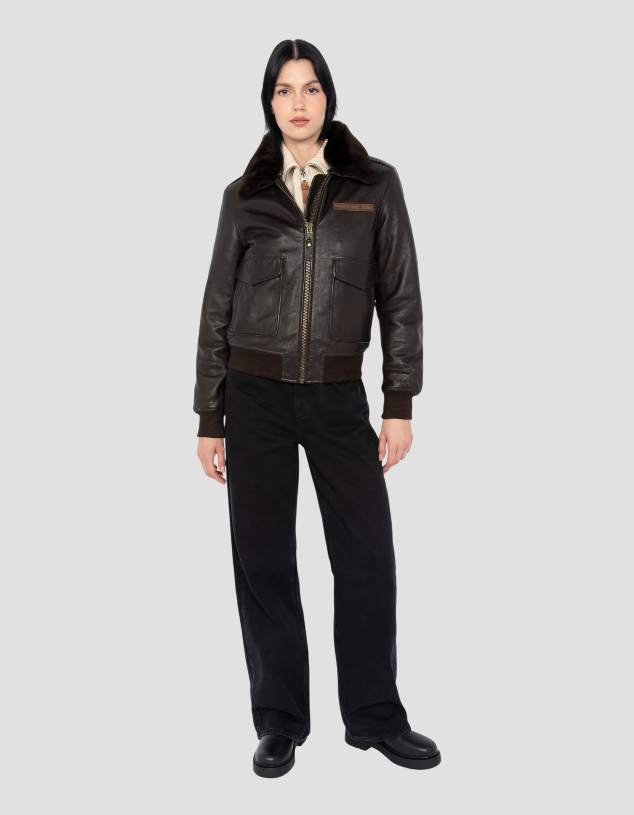 Blouson pilote souple marron foncé, cuir d'agneau lavé-1