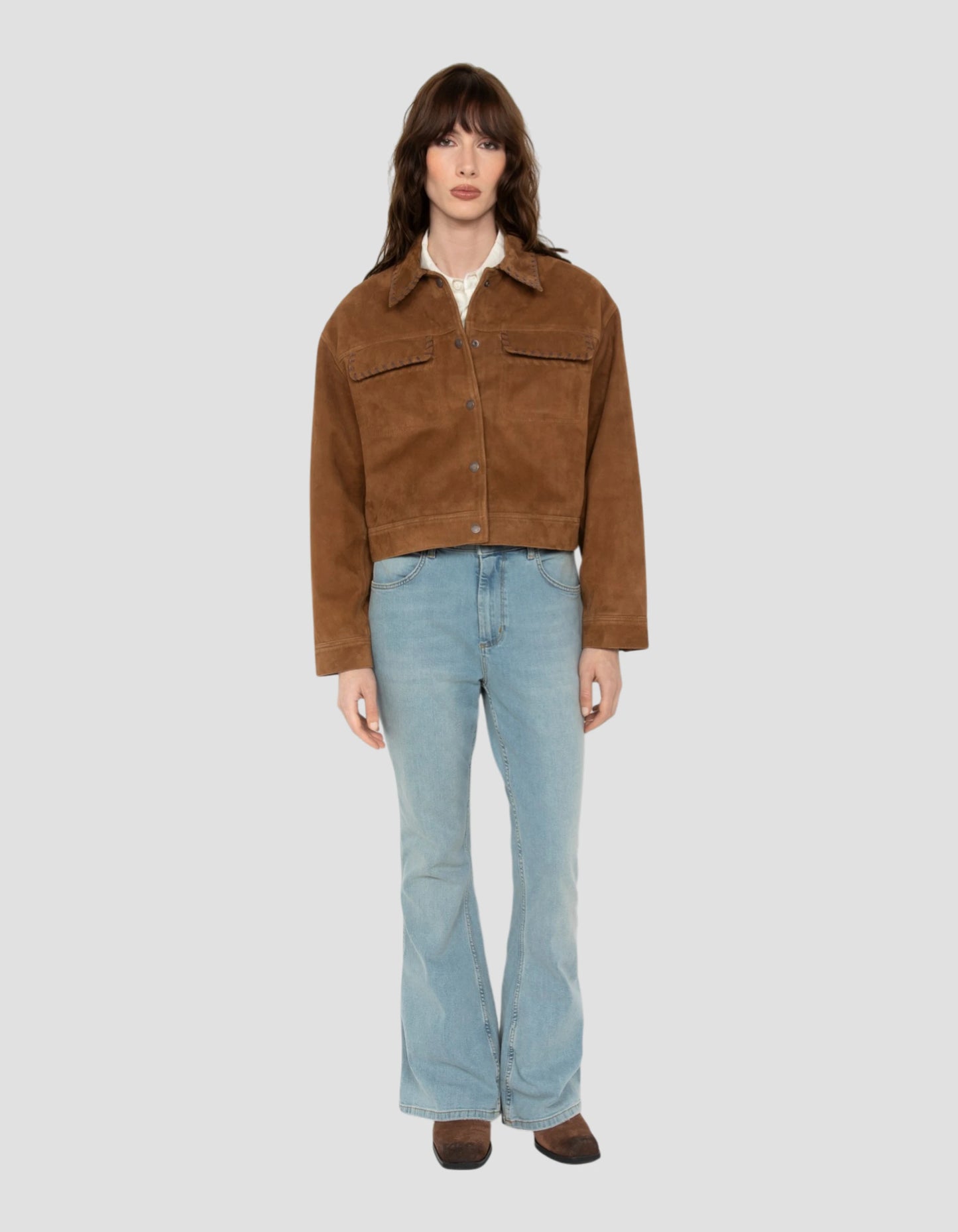 Blouson western court caramel, chèvre velours