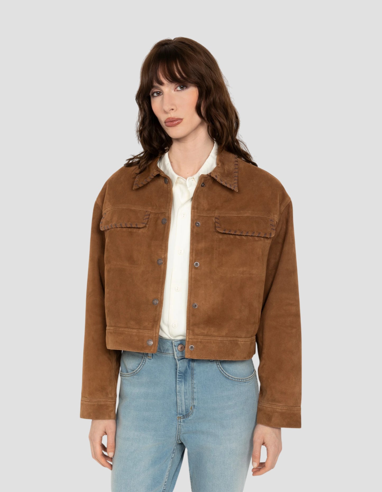 Blouson western court caramel, chèvre velours