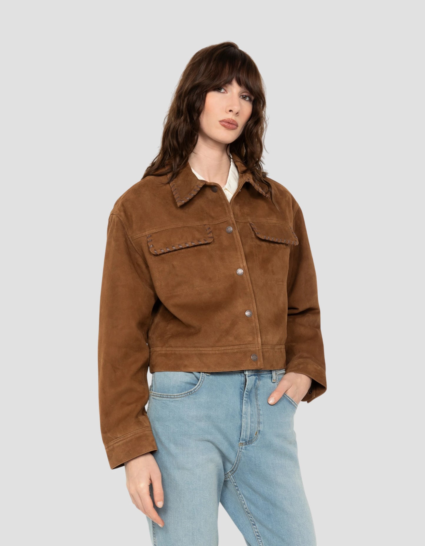 Blouson western court caramel, chèvre velours