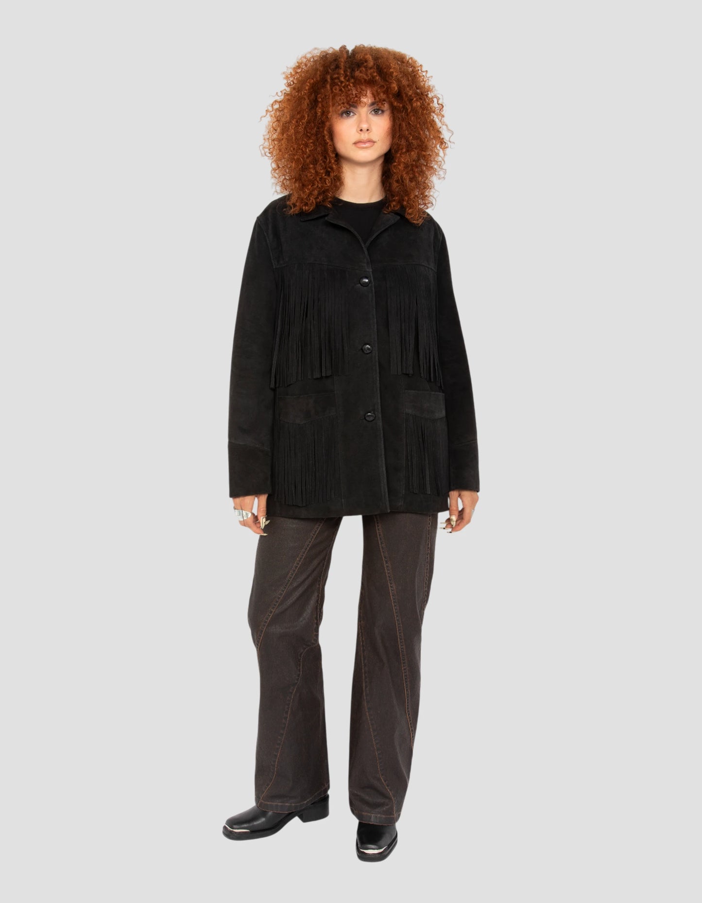 Giacca occidentale nera con frange, capra in velluto