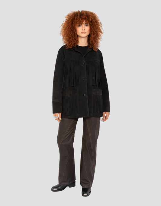 Black western jacket with fringes, velvet goat