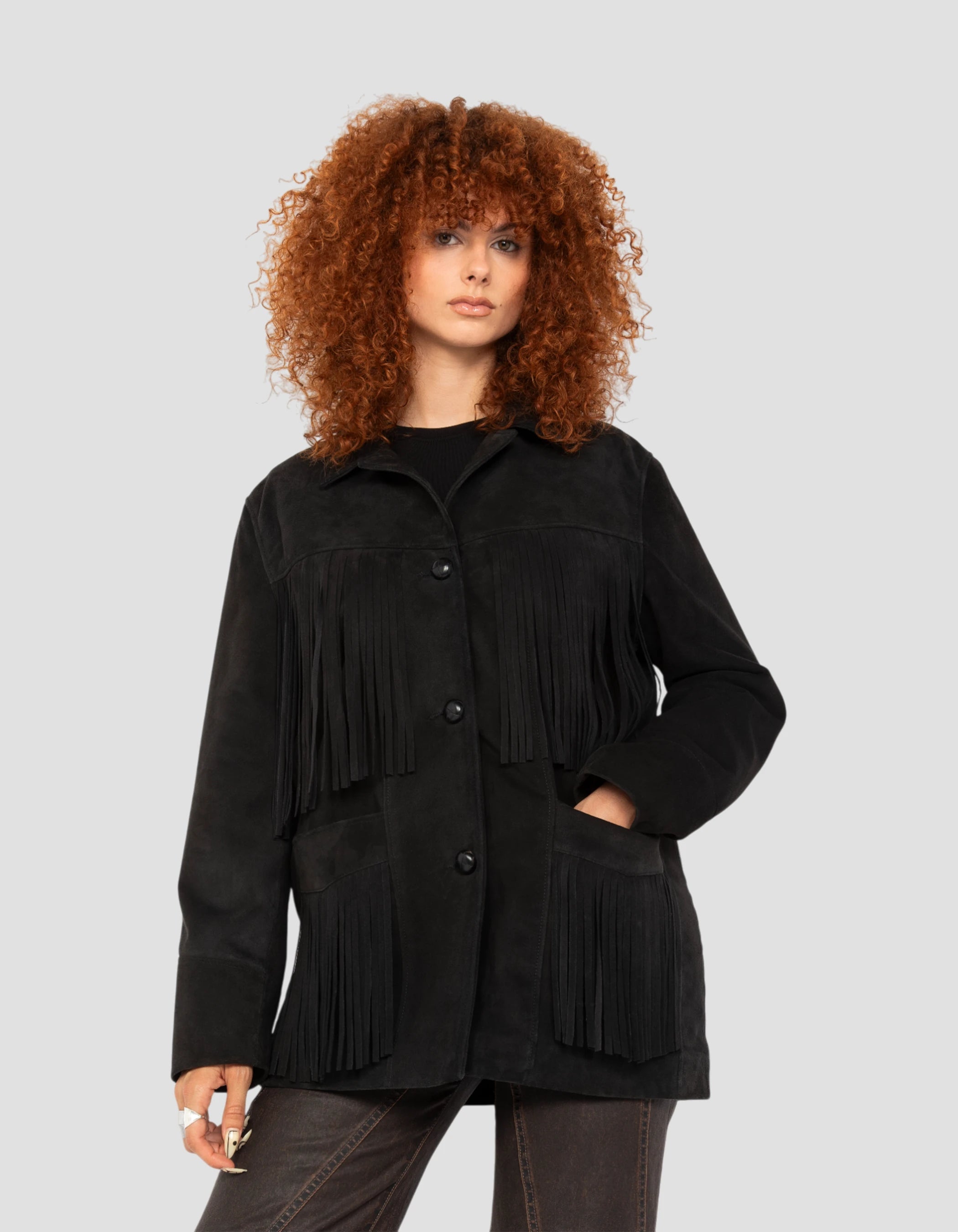 Giacca occidentale nera con frange, capra in velluto-3