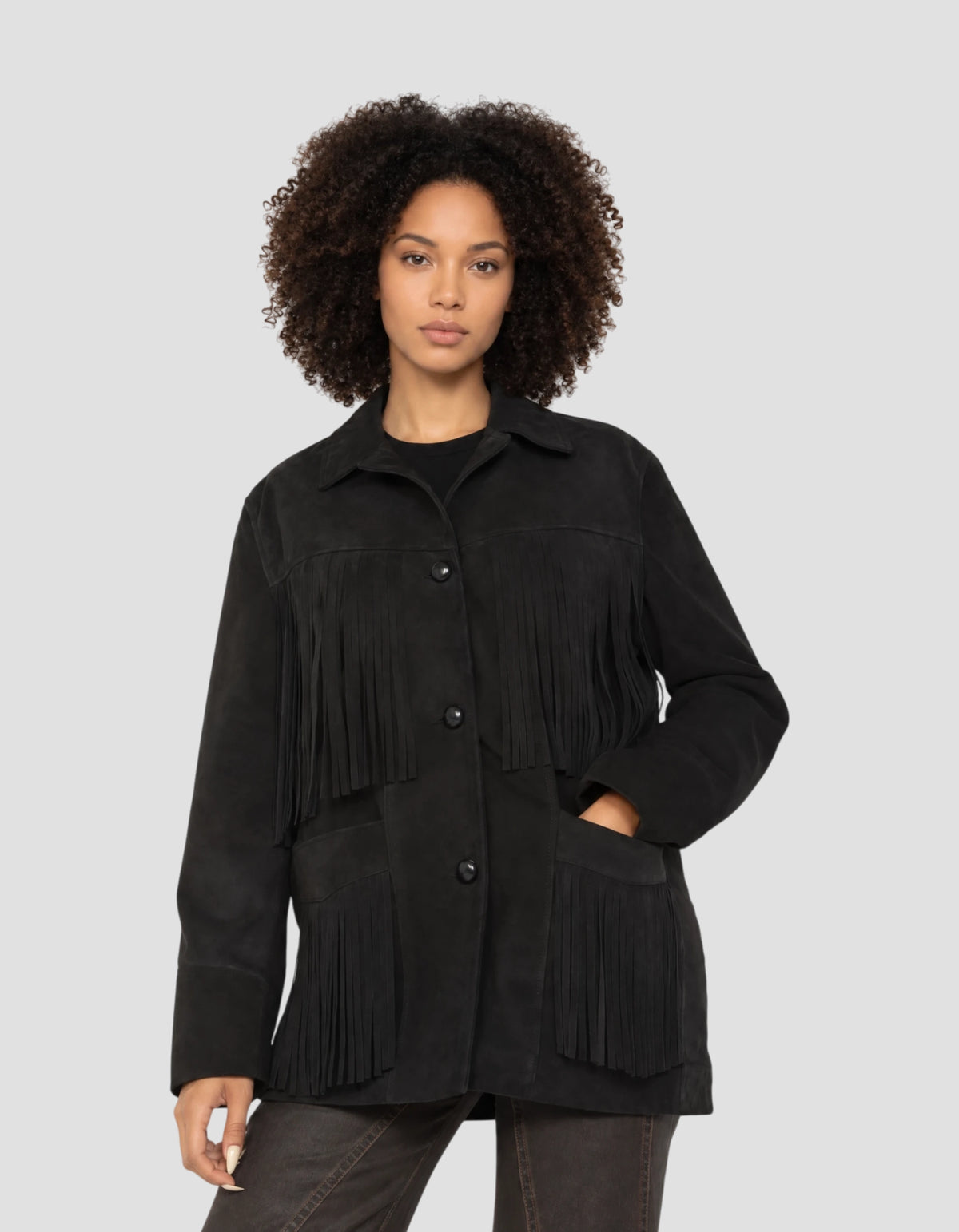 Veste Western noire à franges, chèvre velours