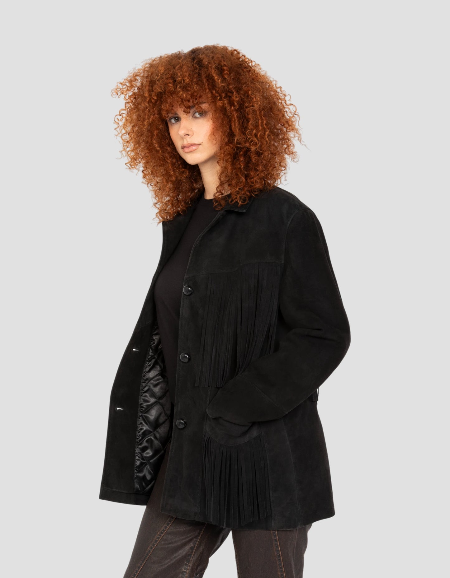 Giacca occidentale nera con frange, capra in velluto