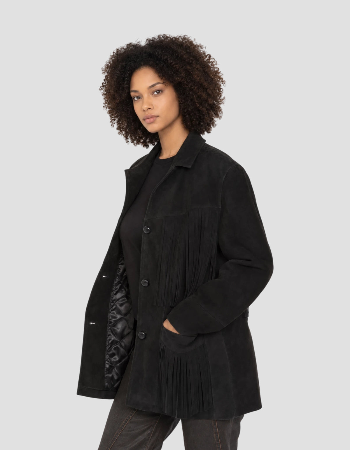 Veste Western noire à franges, chèvre velours